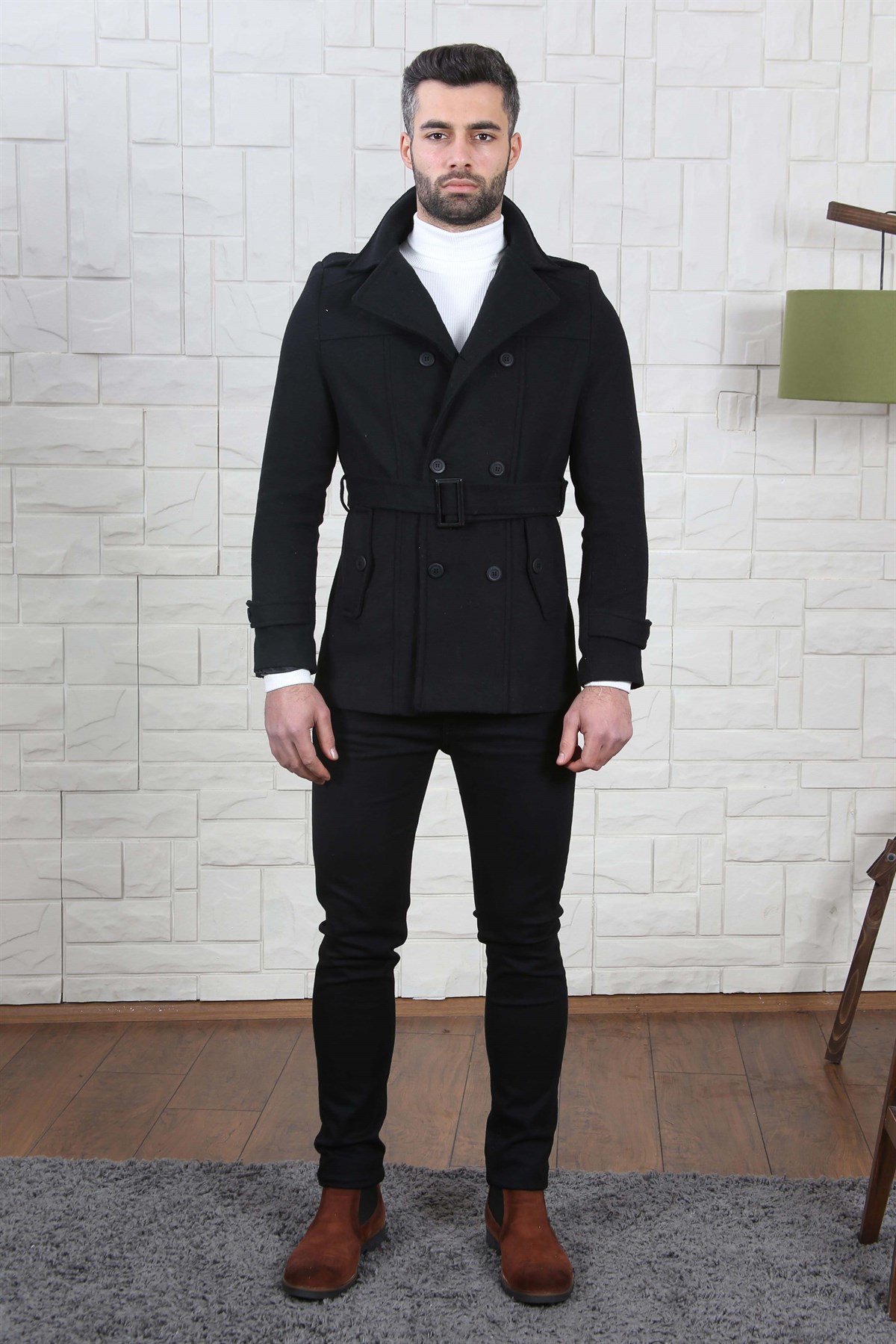 KRUVAZE YAKA ERKEK KAŞE MONT SİYAH