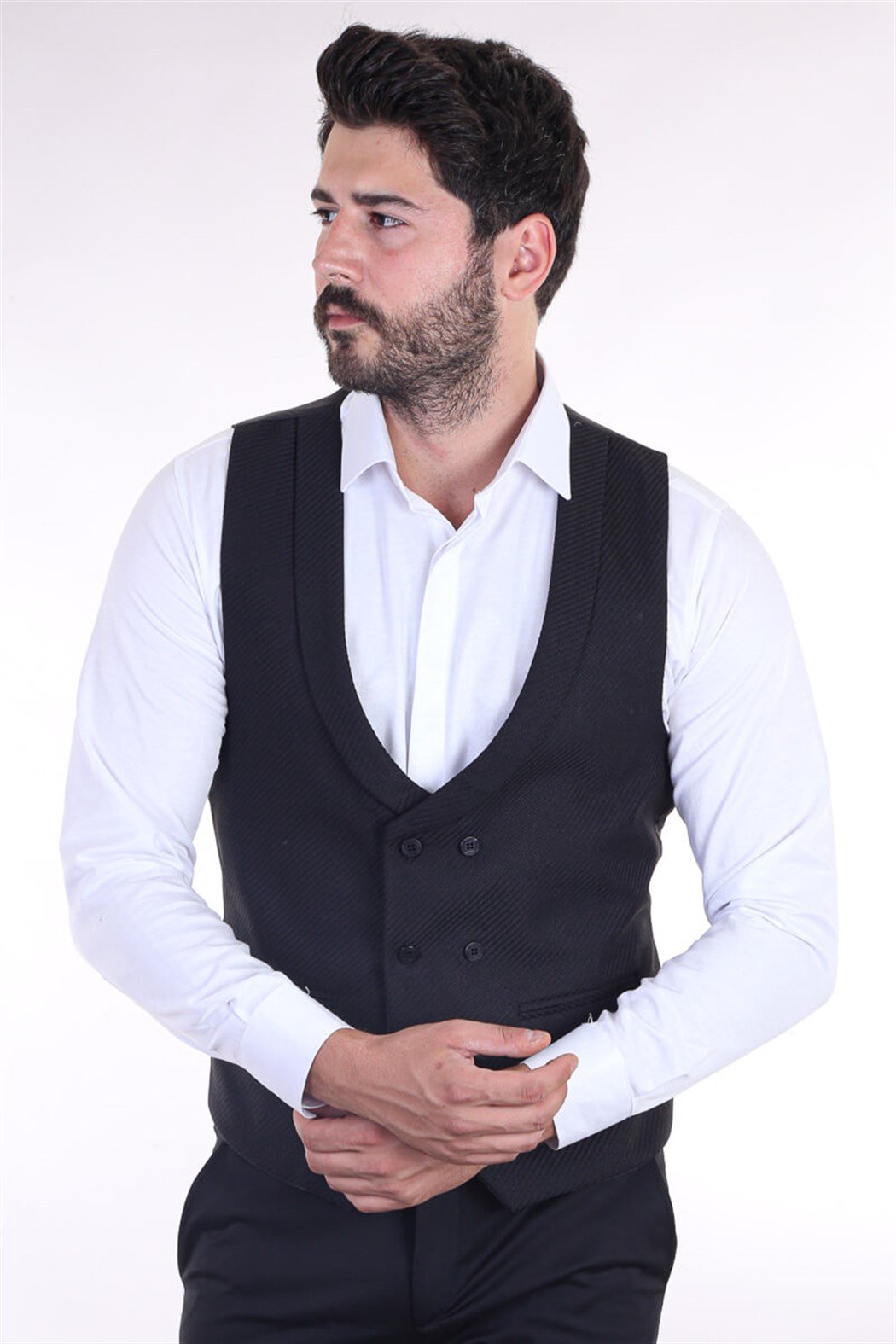 Kruvaze Yaka Klasik Siyah Yelek