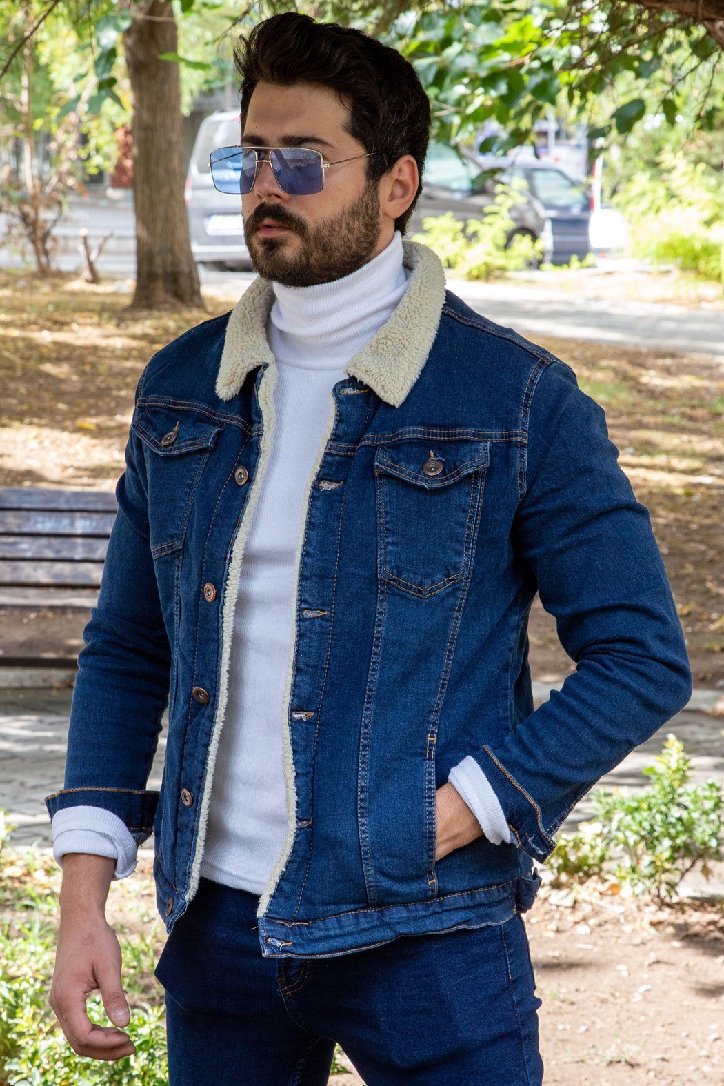 Kürklü Koyu Mavi Kot Ceket 