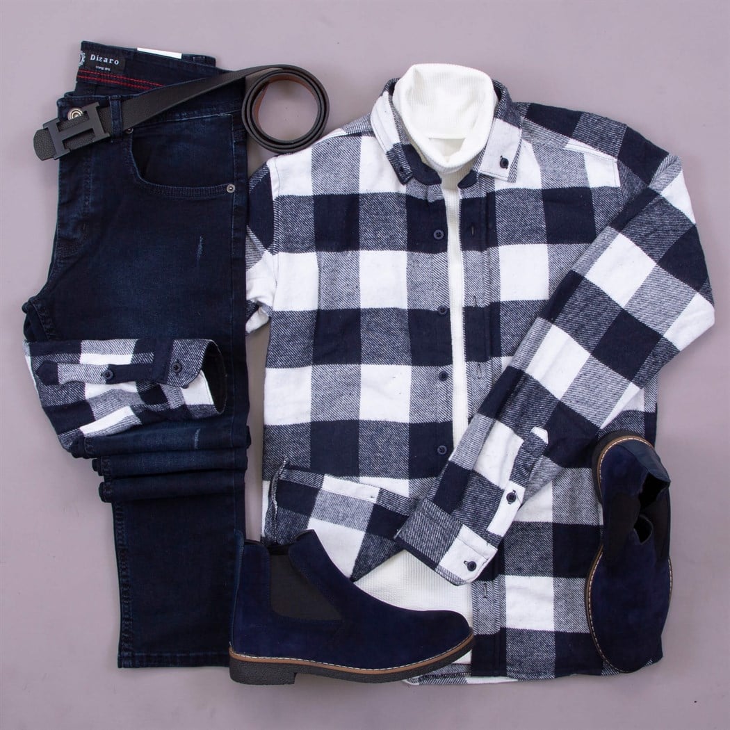 Lacivert Beyaz Kazak Pantolon Bot Kombin