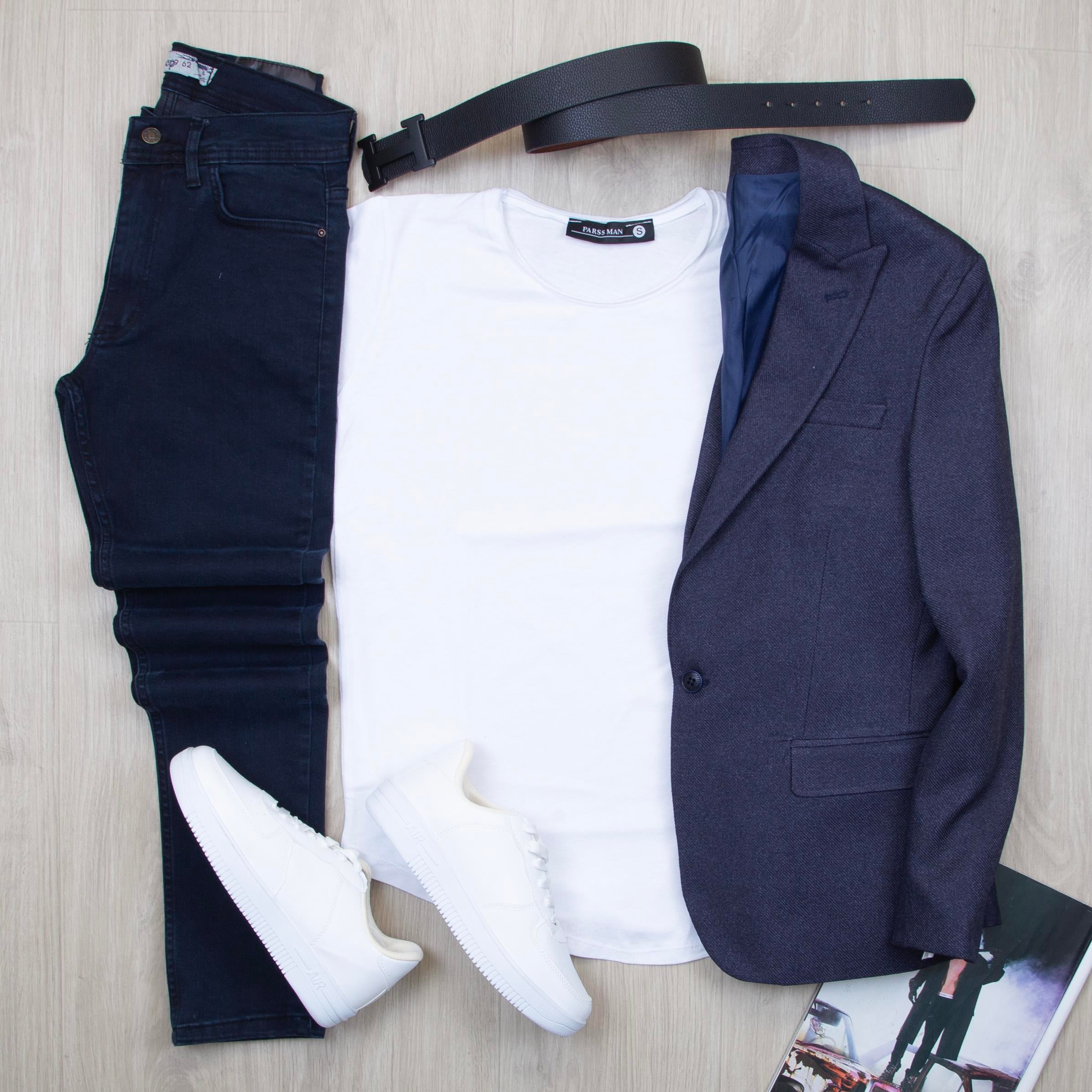 Lacivert Blazer Ceket Tişört Pantolon Ayakkabı Kombin