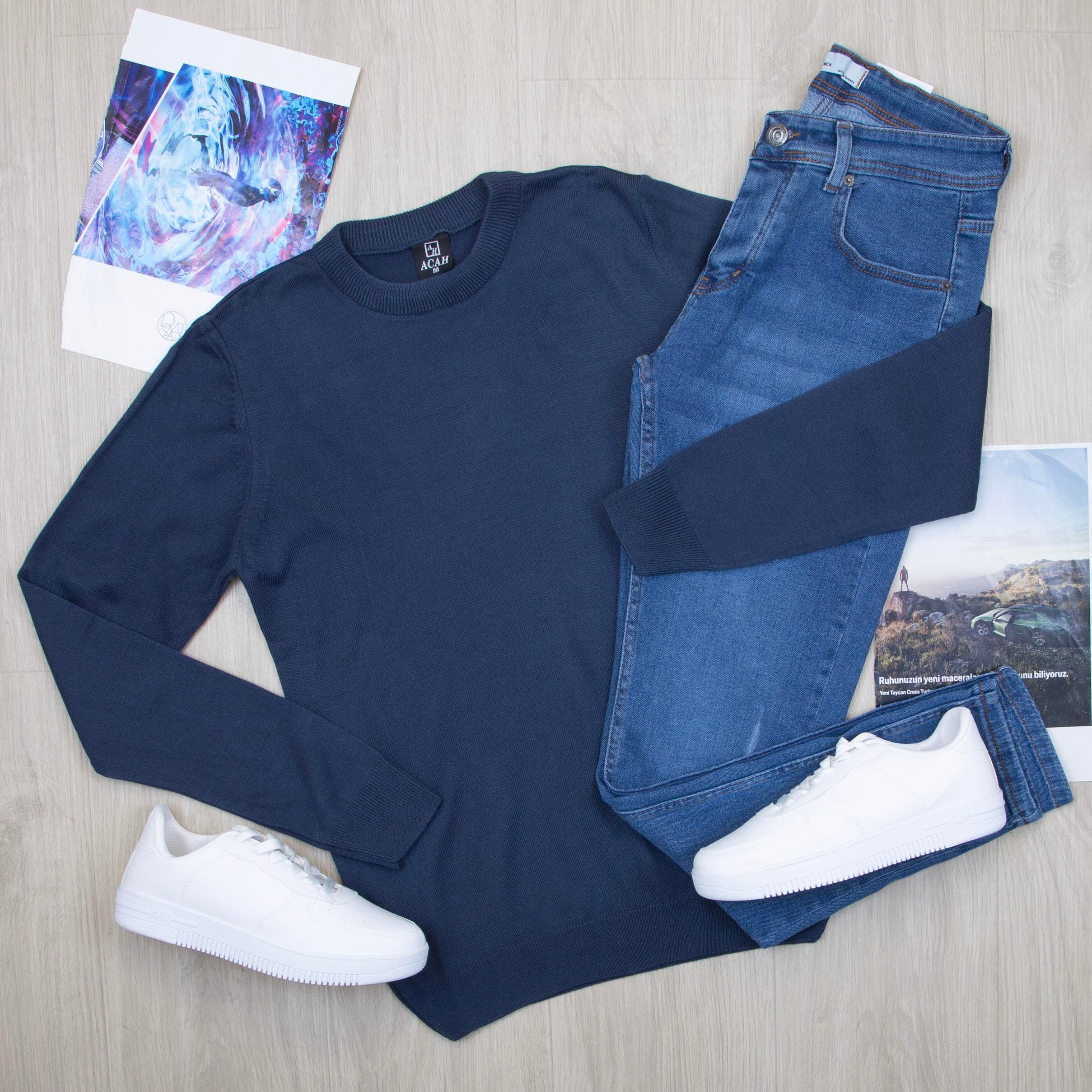 Lacivert Boğazlı Triko Kazak Pantolon Ayakkabı Kombin