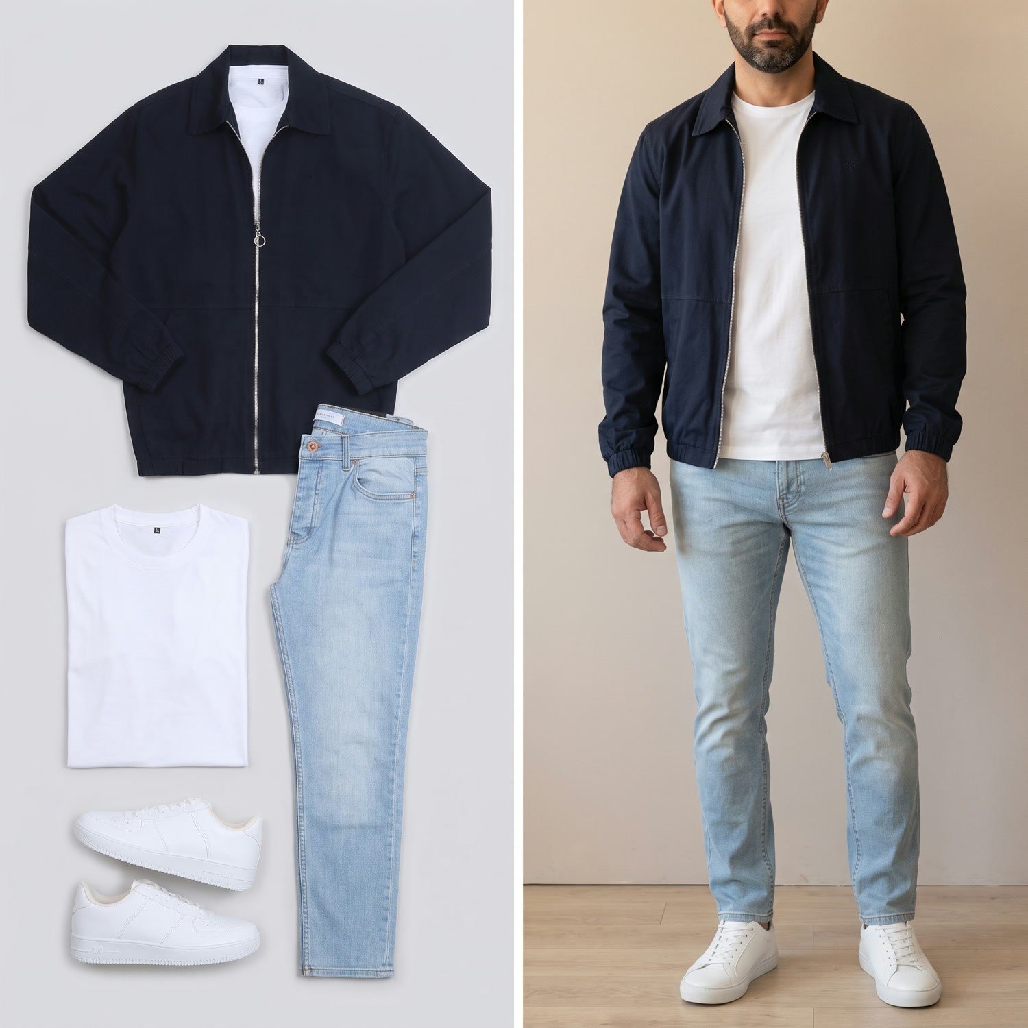 Lacivert Bomber Ceket Tişört Pantolon Ayakkabı Kombini
