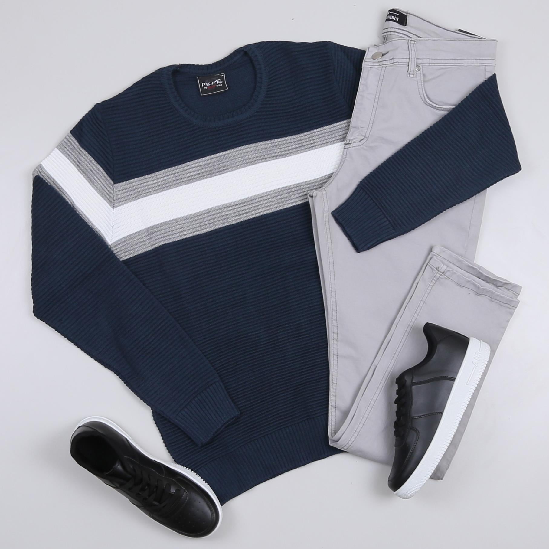 Lacivert Çizgili Kazak Pantolon Ayakkabı Kombini