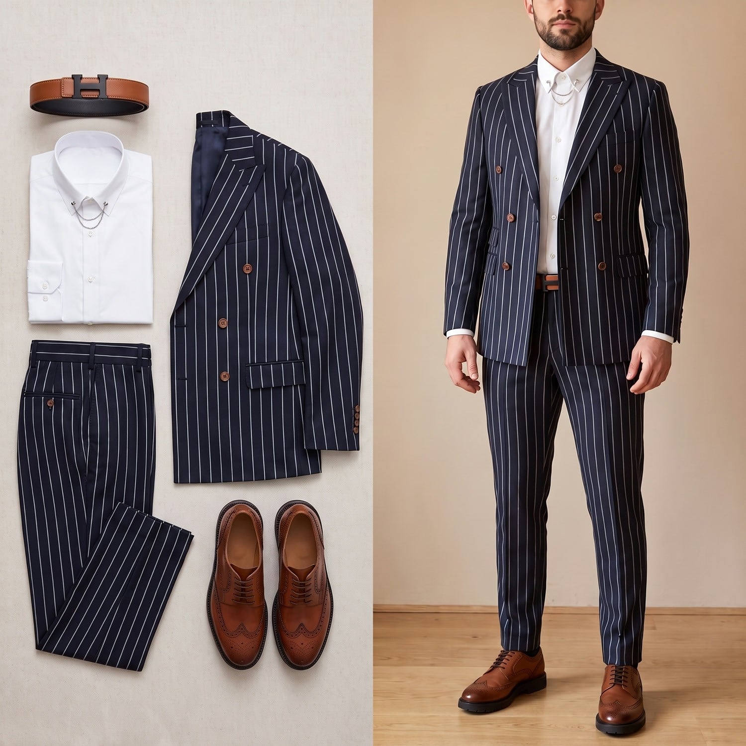 Lacivert Çizgili Kruvaze Takım Elbise Kombini Erkek | Slim Fit Şık Komple Set 