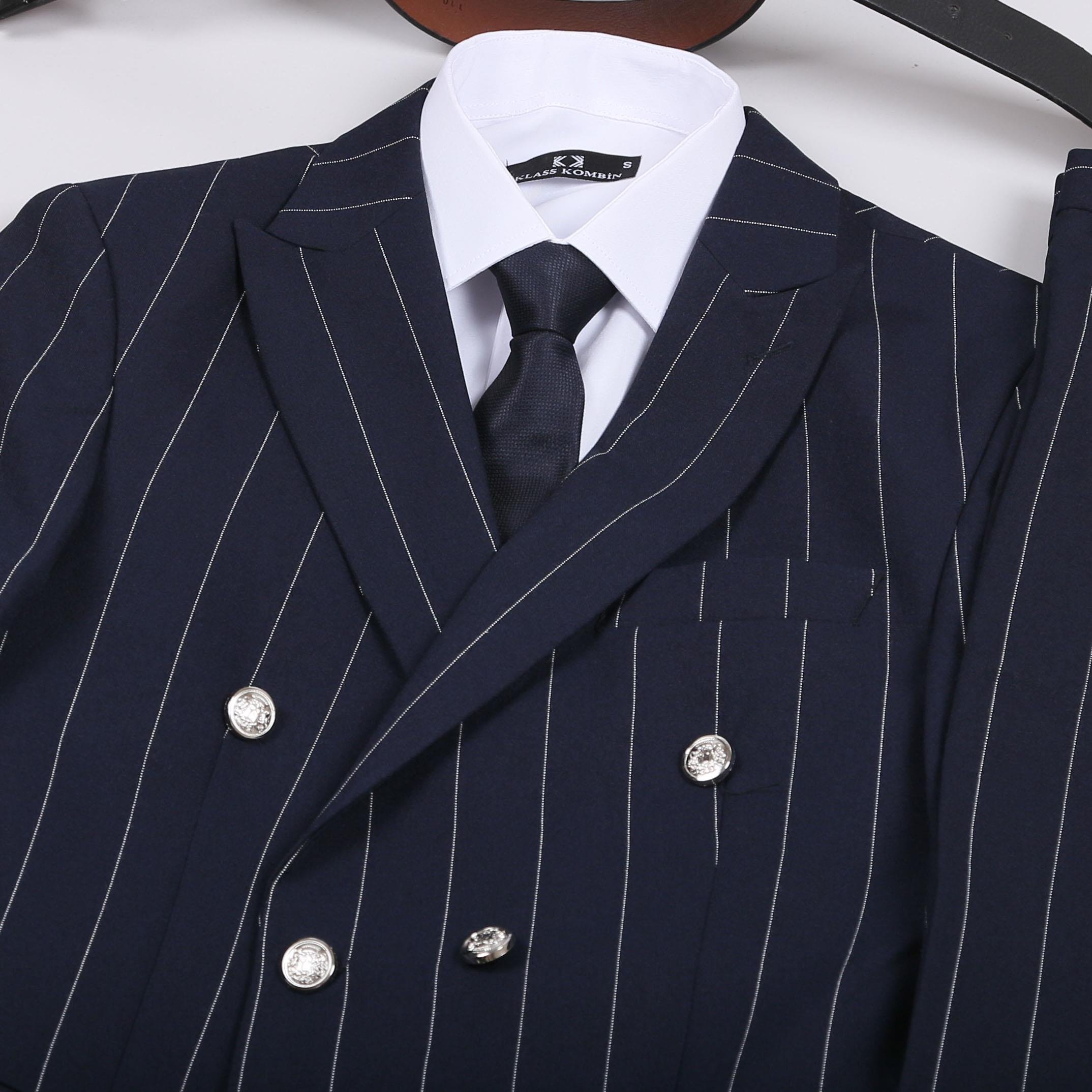 Lacivert Çizgili Kruvaze Takım Elbise Kombini