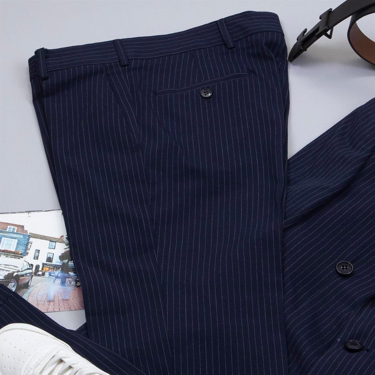 Lacivert Çizgili Kruvaze Takım Elbise Kombini