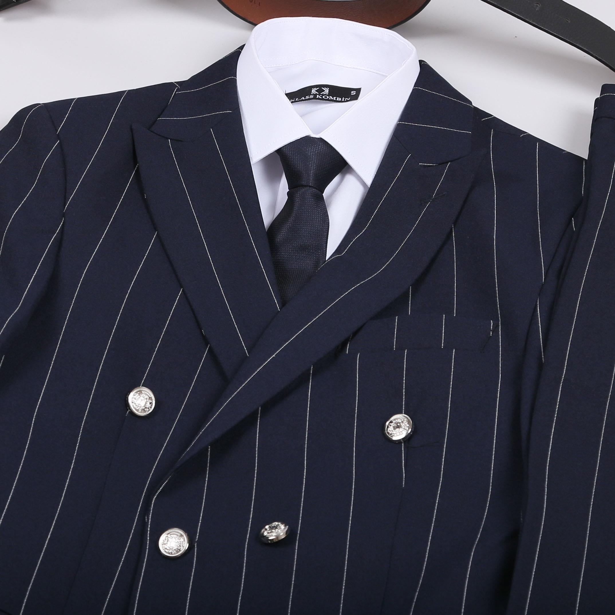 Lacivert Çizgili Kruvaze Takım Elbise Kombini