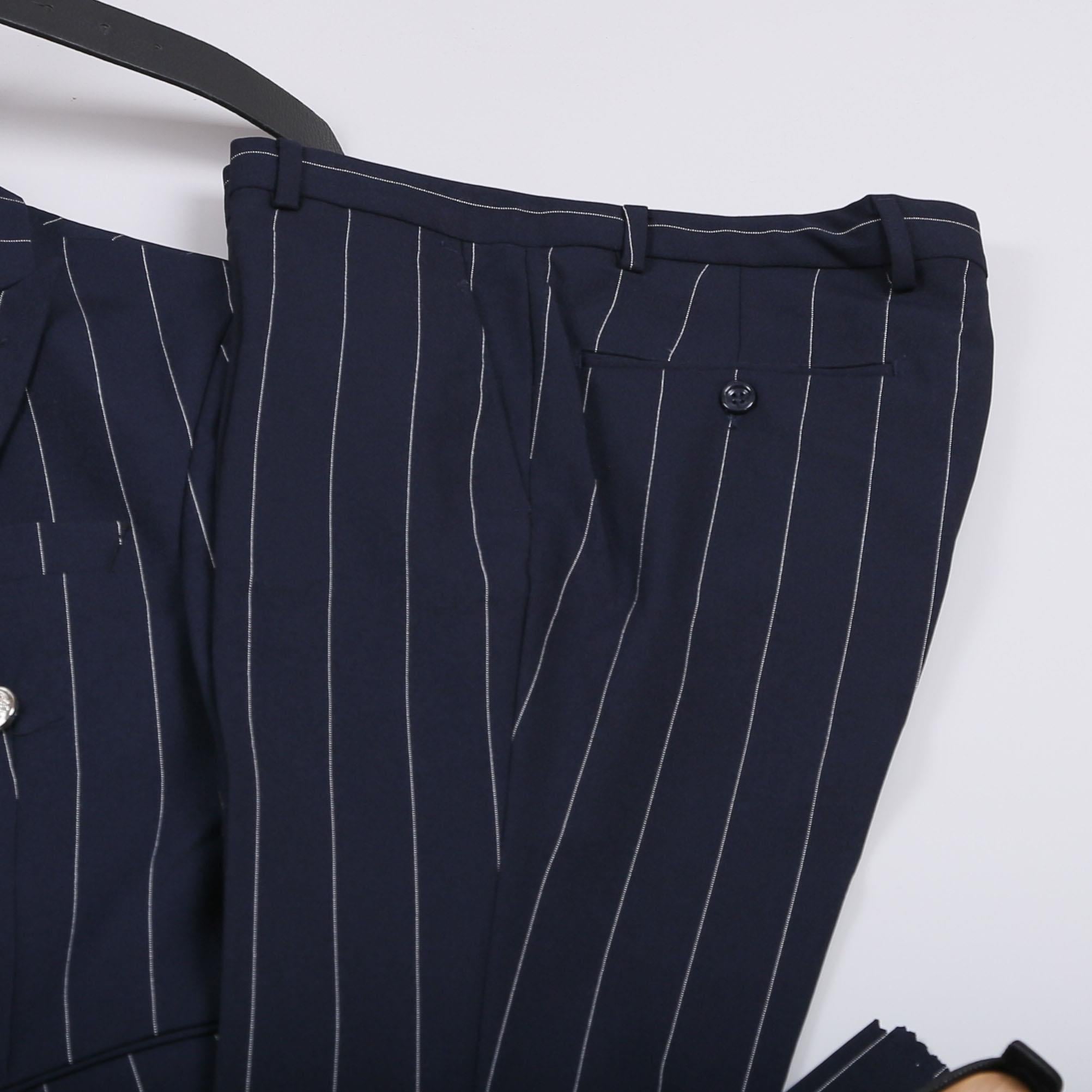 Lacivert Çizgili Kruvaze Takım Elbise Kombini