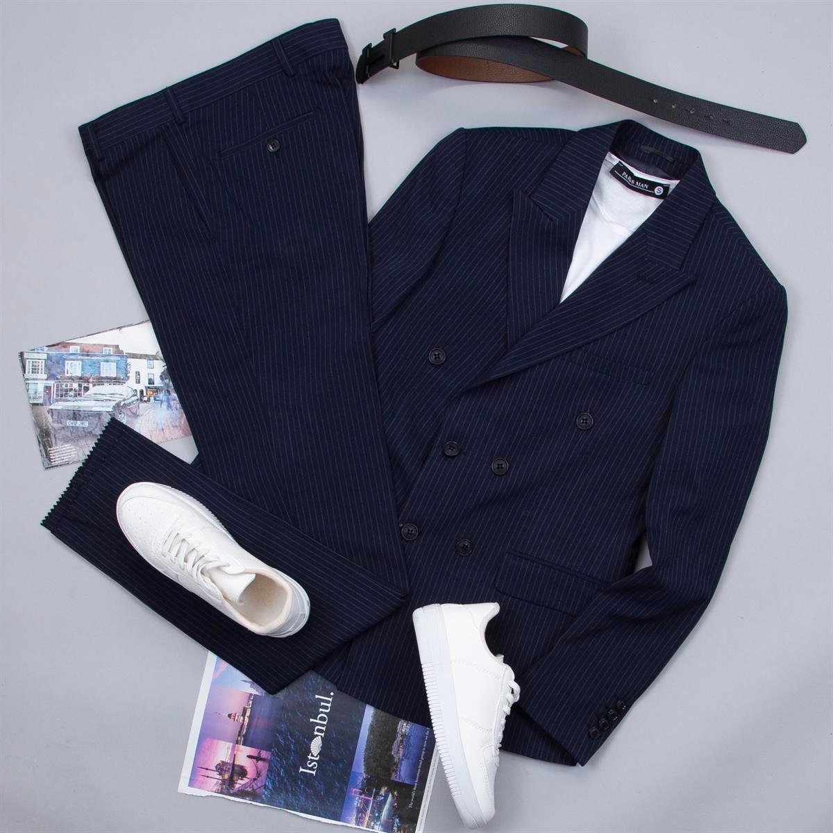 Lacivert Çizgili Kruvaze Takım Elbise Kombini