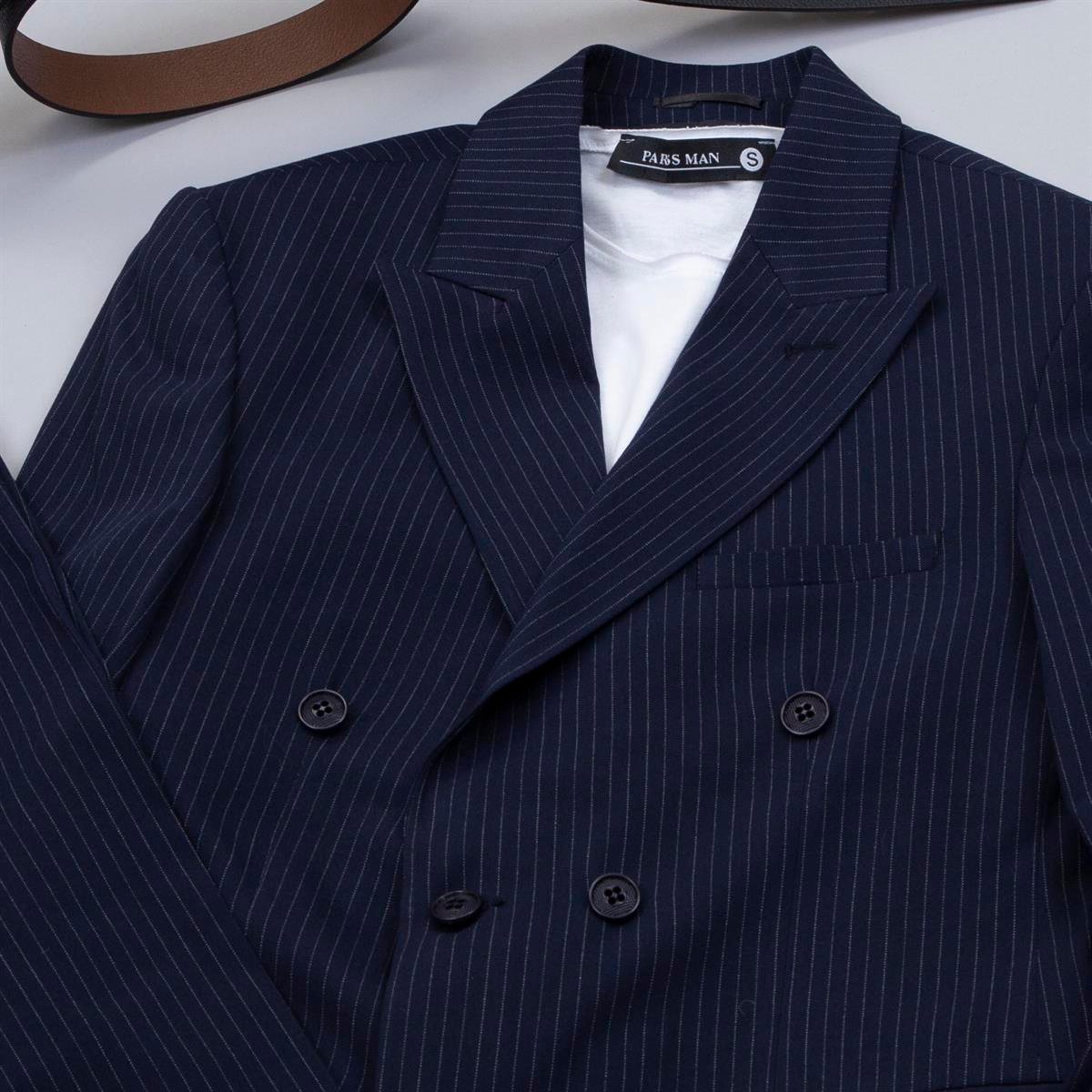 Lacivert Çizgili Kruvaze Takım Elbise Kombini