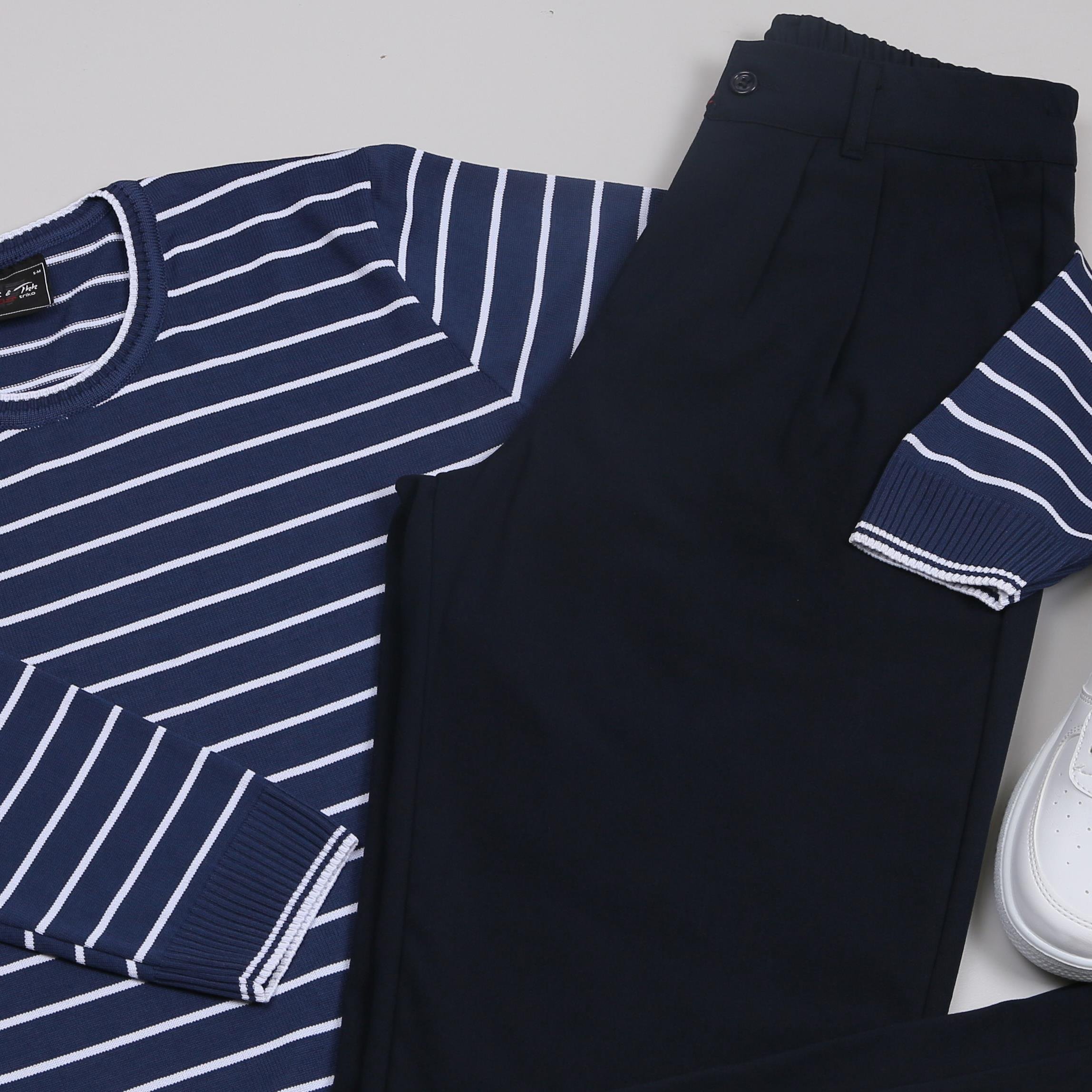 Lacivert Çizgili triko Baggy Lacivert kumaş Pantolon