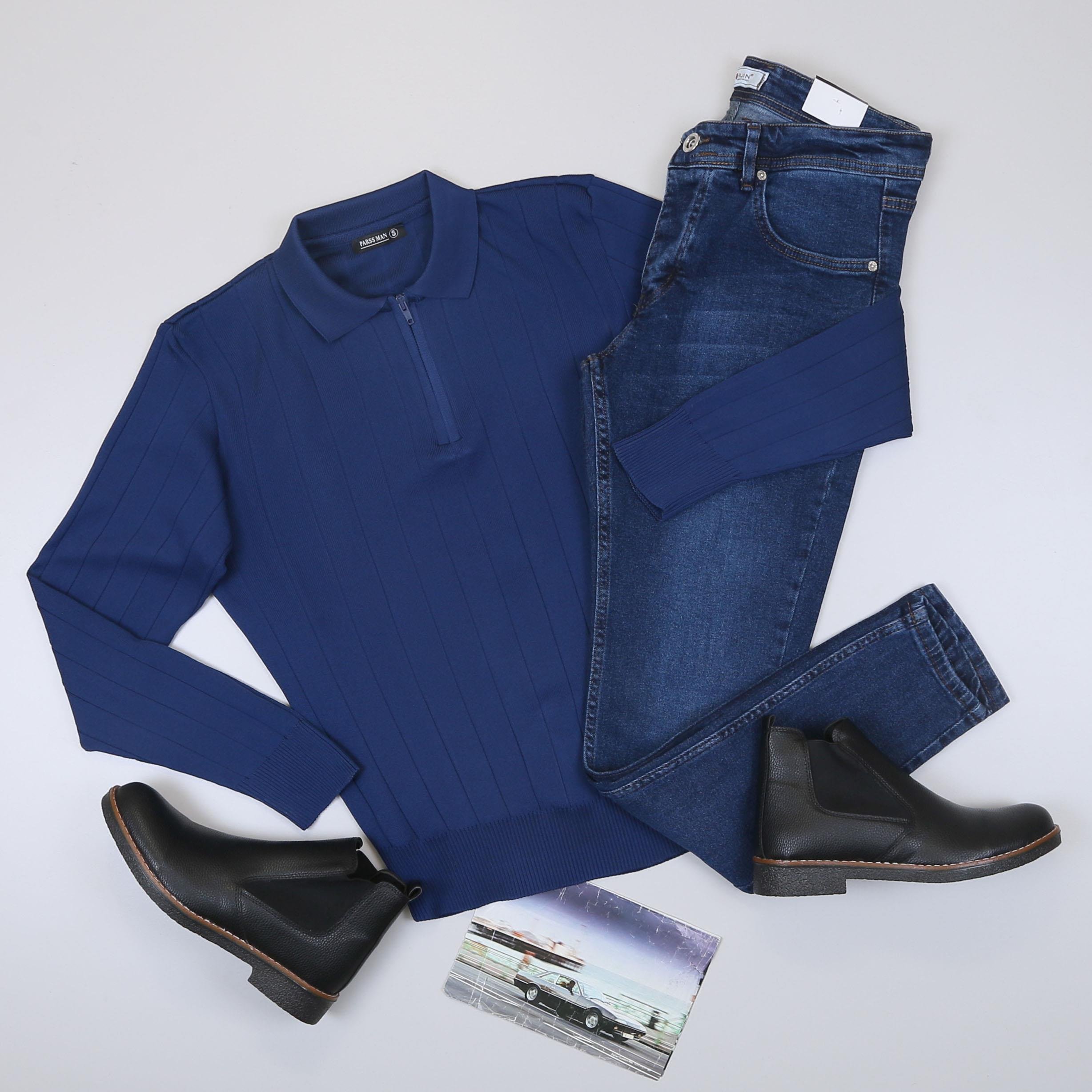 Lacivert Çizgili Triko Polo Yaka Pantolon Bot Kombin