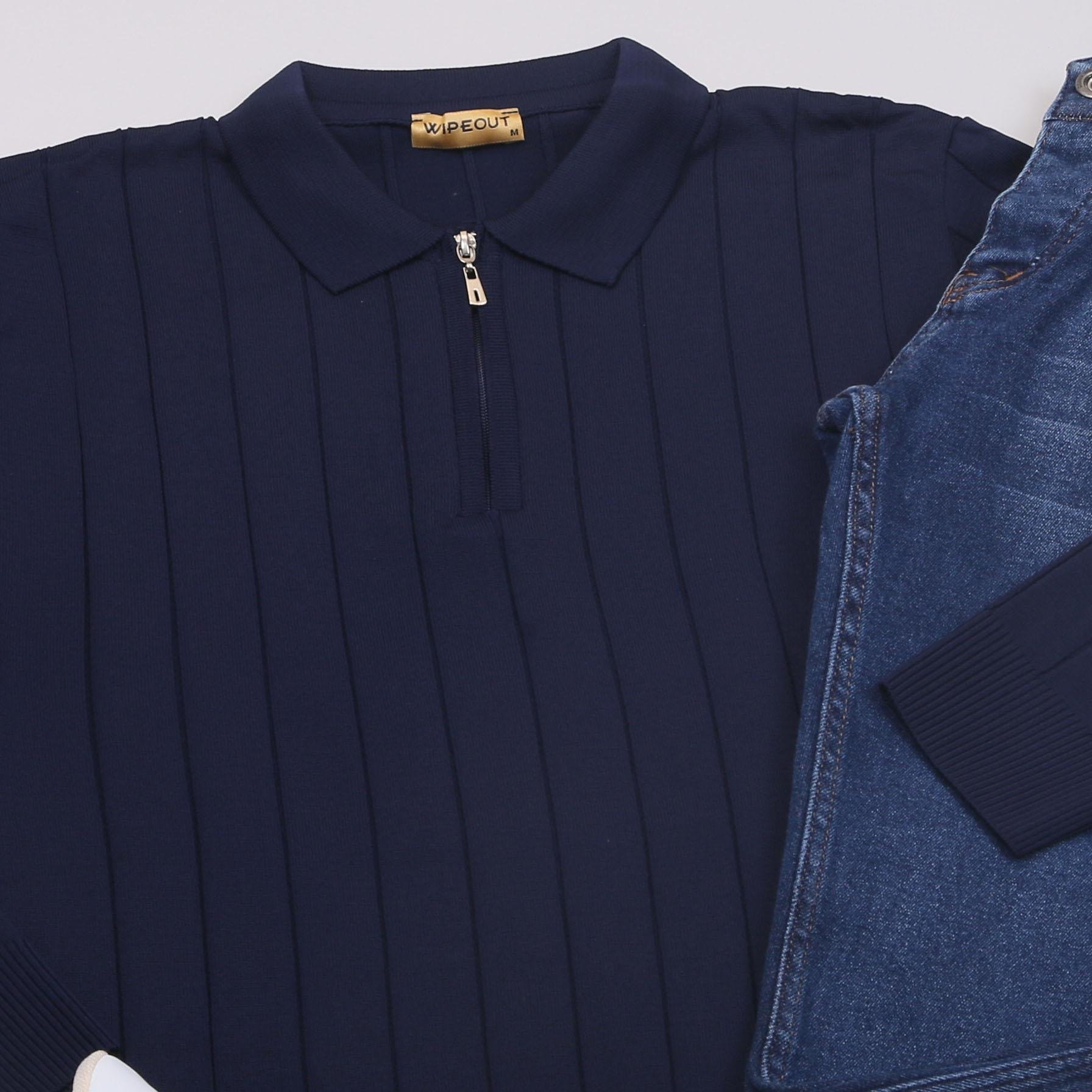 Lacivert Çizgili Triko Polo Yaka Pantolon Ayakkabı Kombin