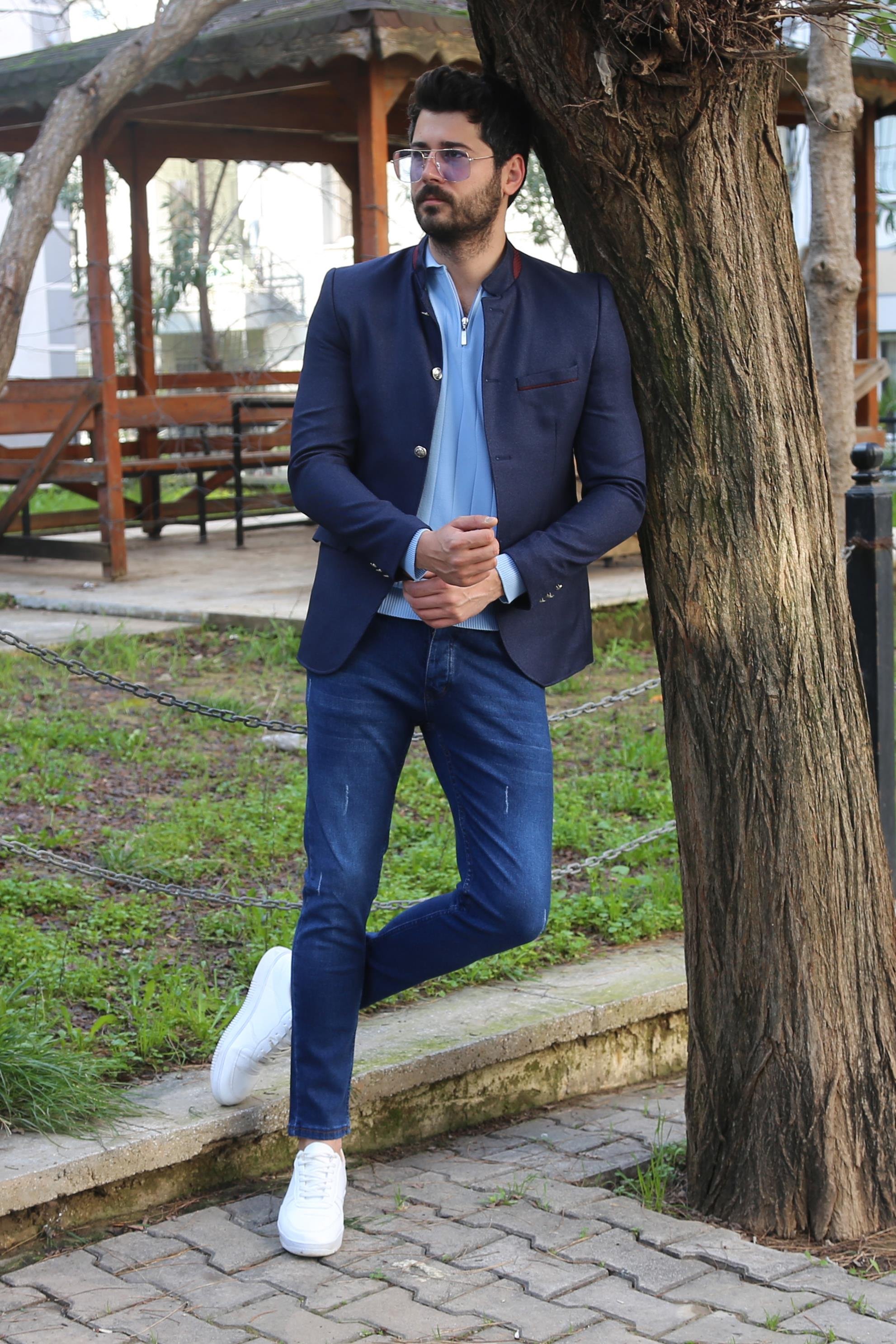 Lacivert Dik Yaka Ceket Kombini