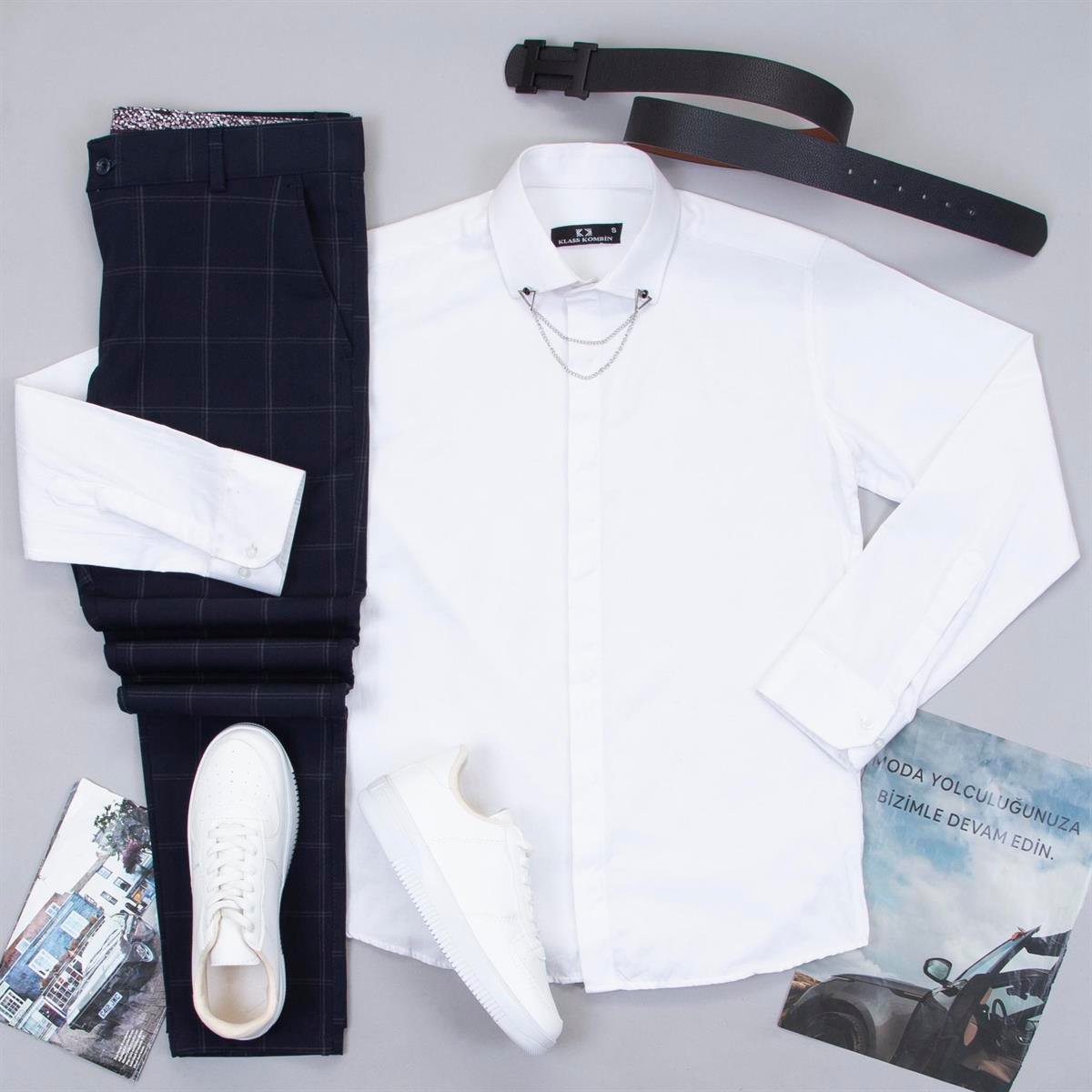 Lacivert Ekose Pantolon Beyaz Gömlek Ayakkabı Kombin