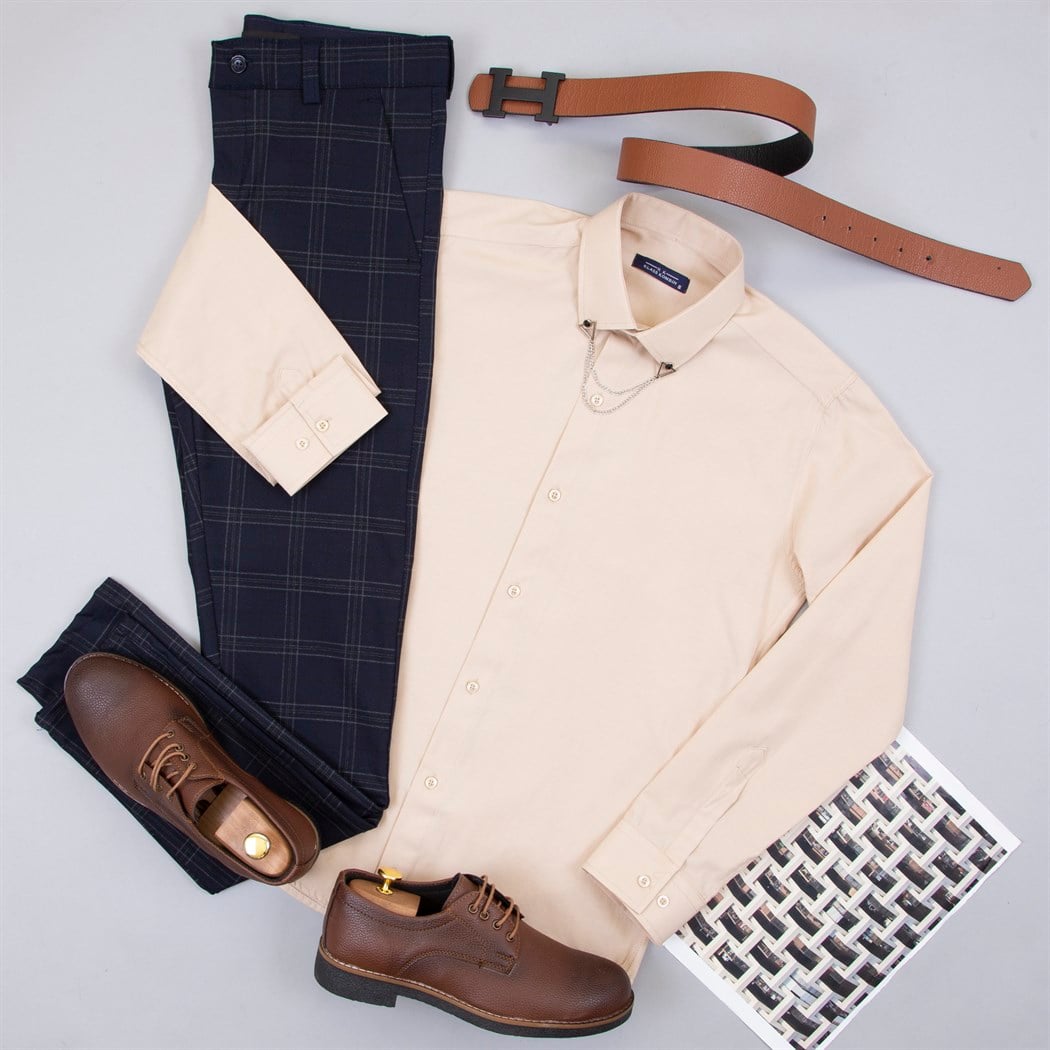 Lacivert Ekoseli Pantolon Gömlek Ayakkabı Kombin