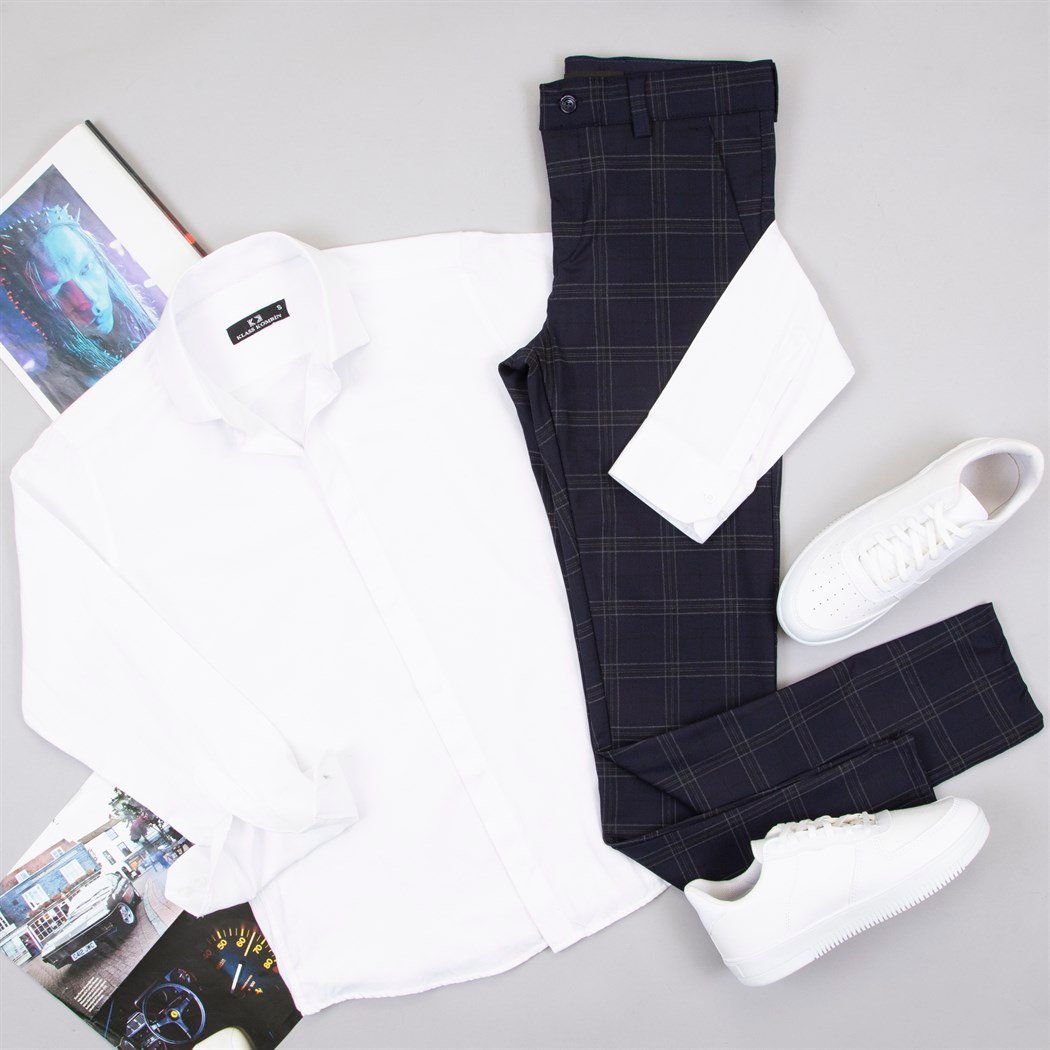 Lacivert Ekoseli Pantolon Gömlek Ayakkabı Kombin