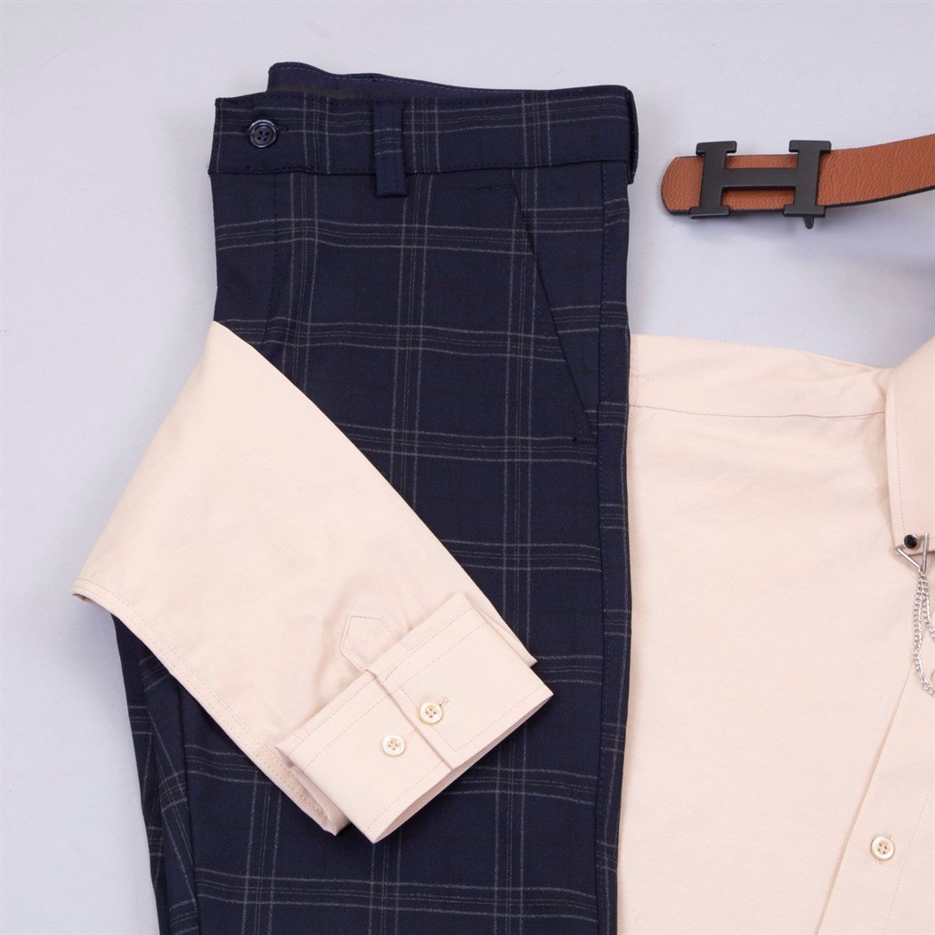 Lacivert Ekoseli Pantolon Gömlek Ayakkabı Kombin