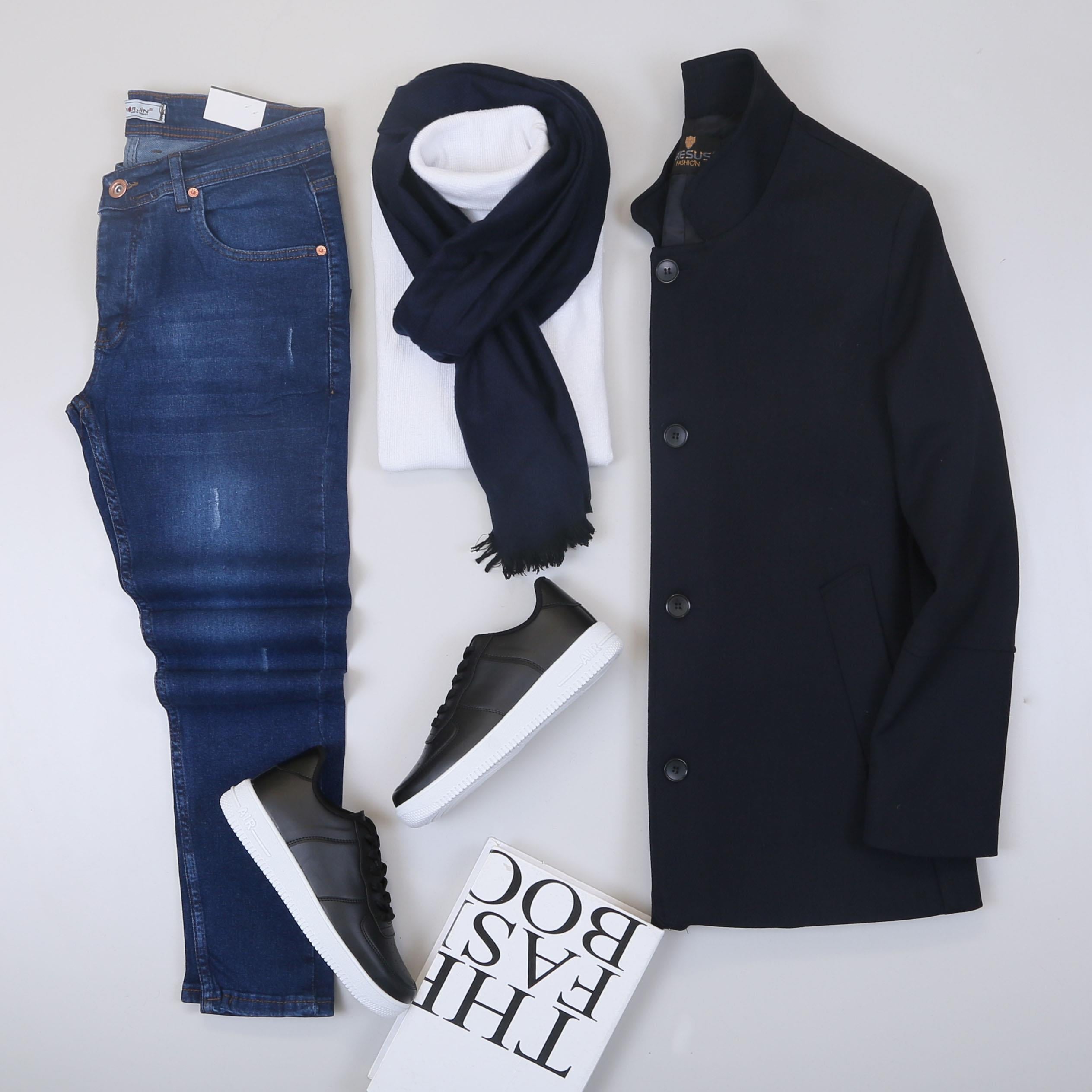 Lacivert Kaban Boğazlı Body Pantolon Ayakkabı Kombin