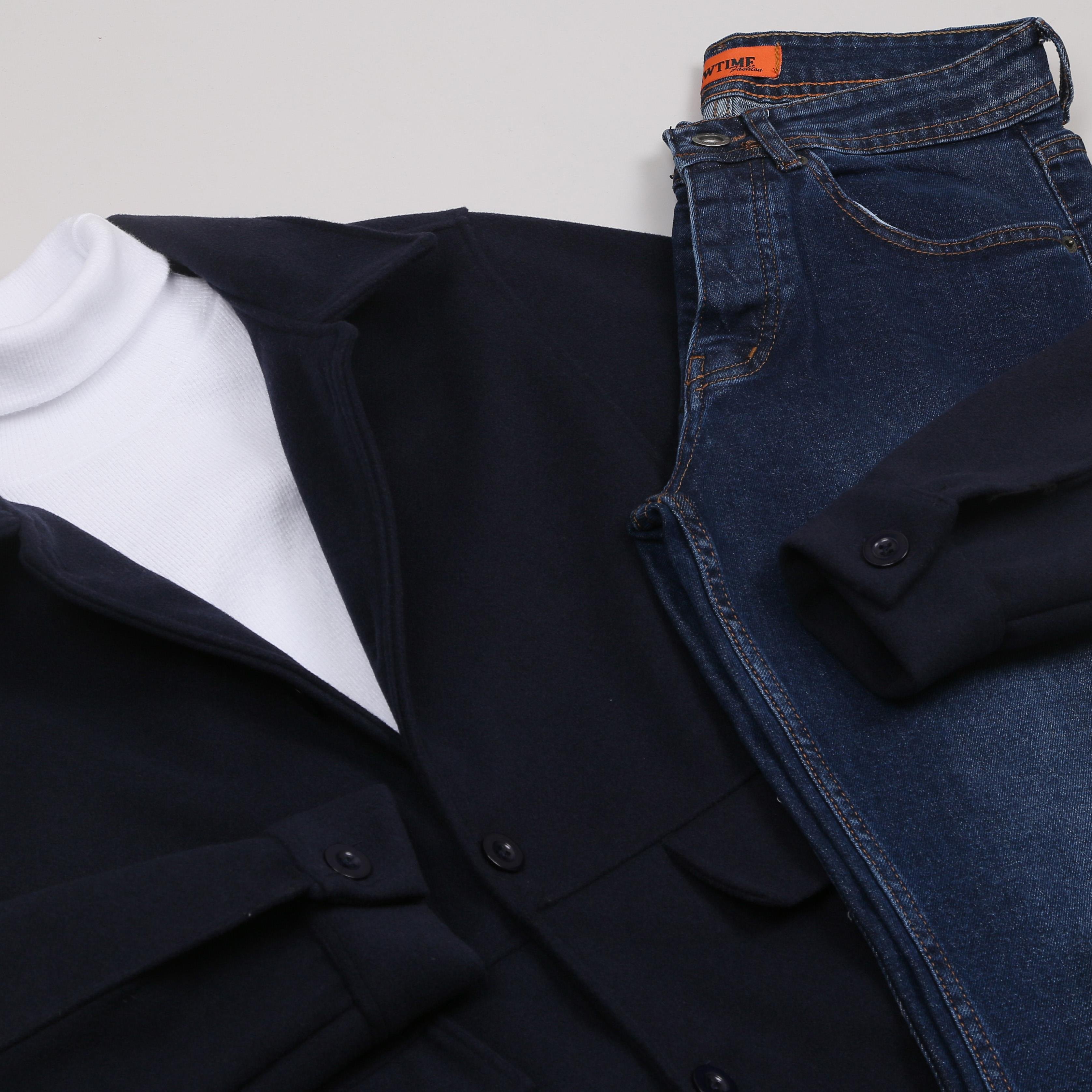 Lacivert Kaşe Ceket Boğazlı Body Kot Pantolon Bot Kombini