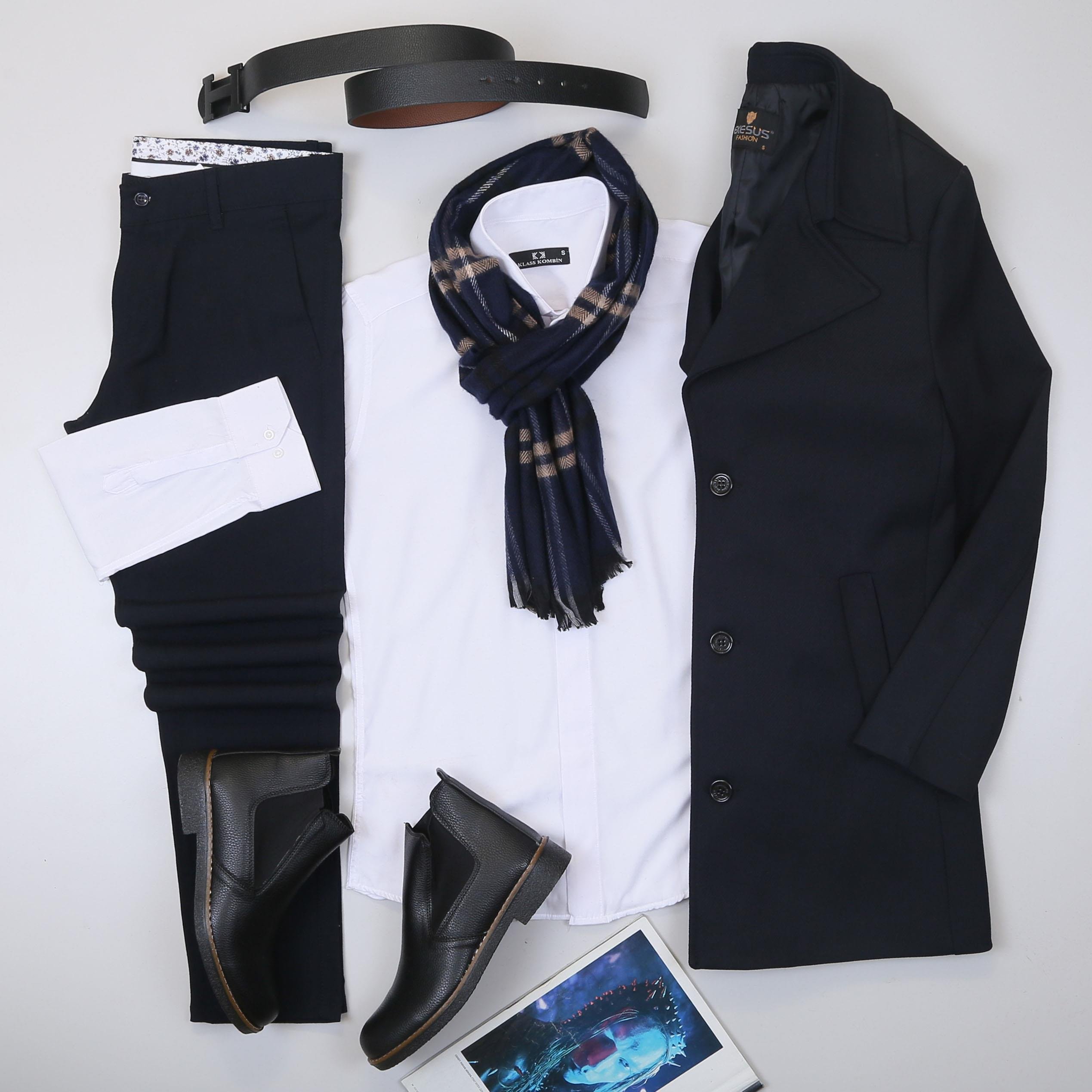 Lacivert Kaşe Kaban Gömlek Pantolon Bot Kombin