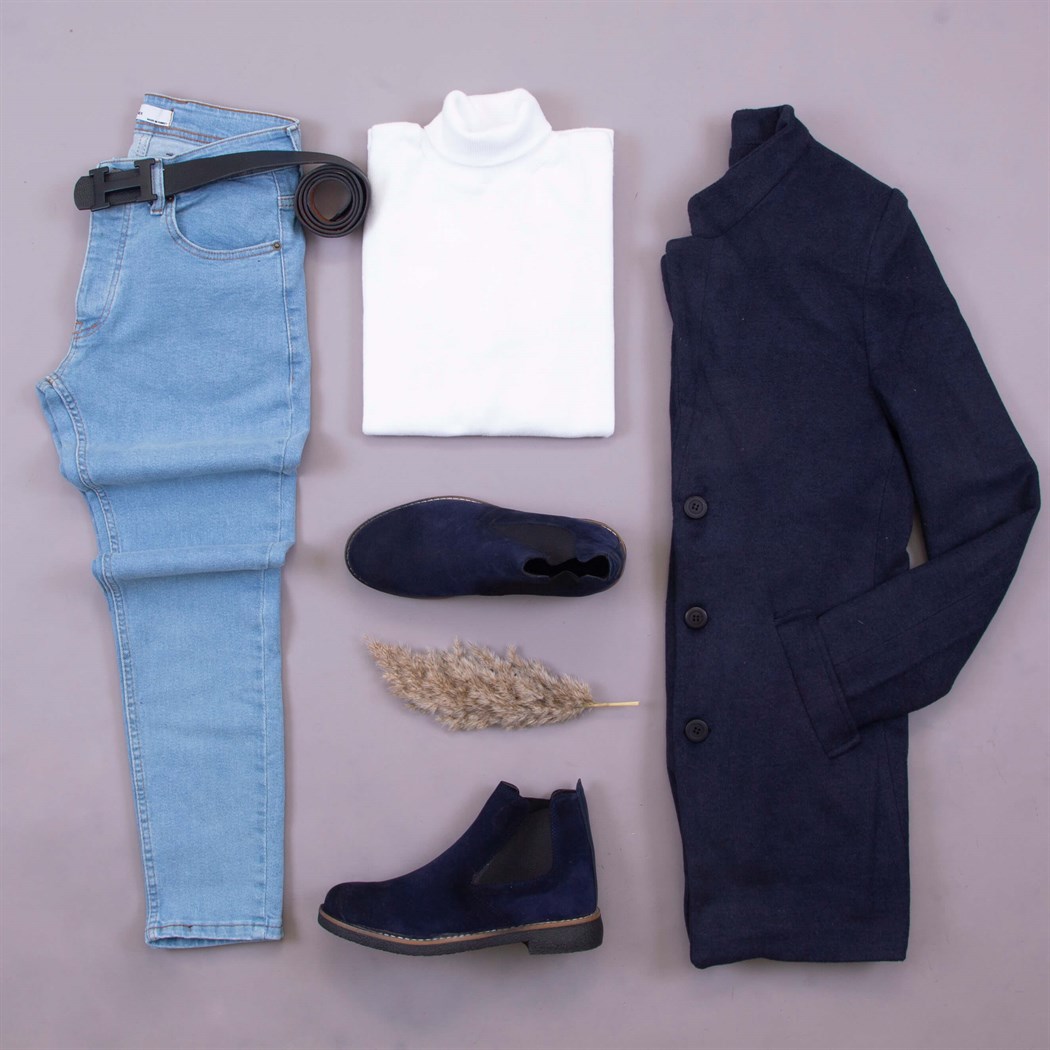 lacivert kaşe mont kazak pantolon bot kombini