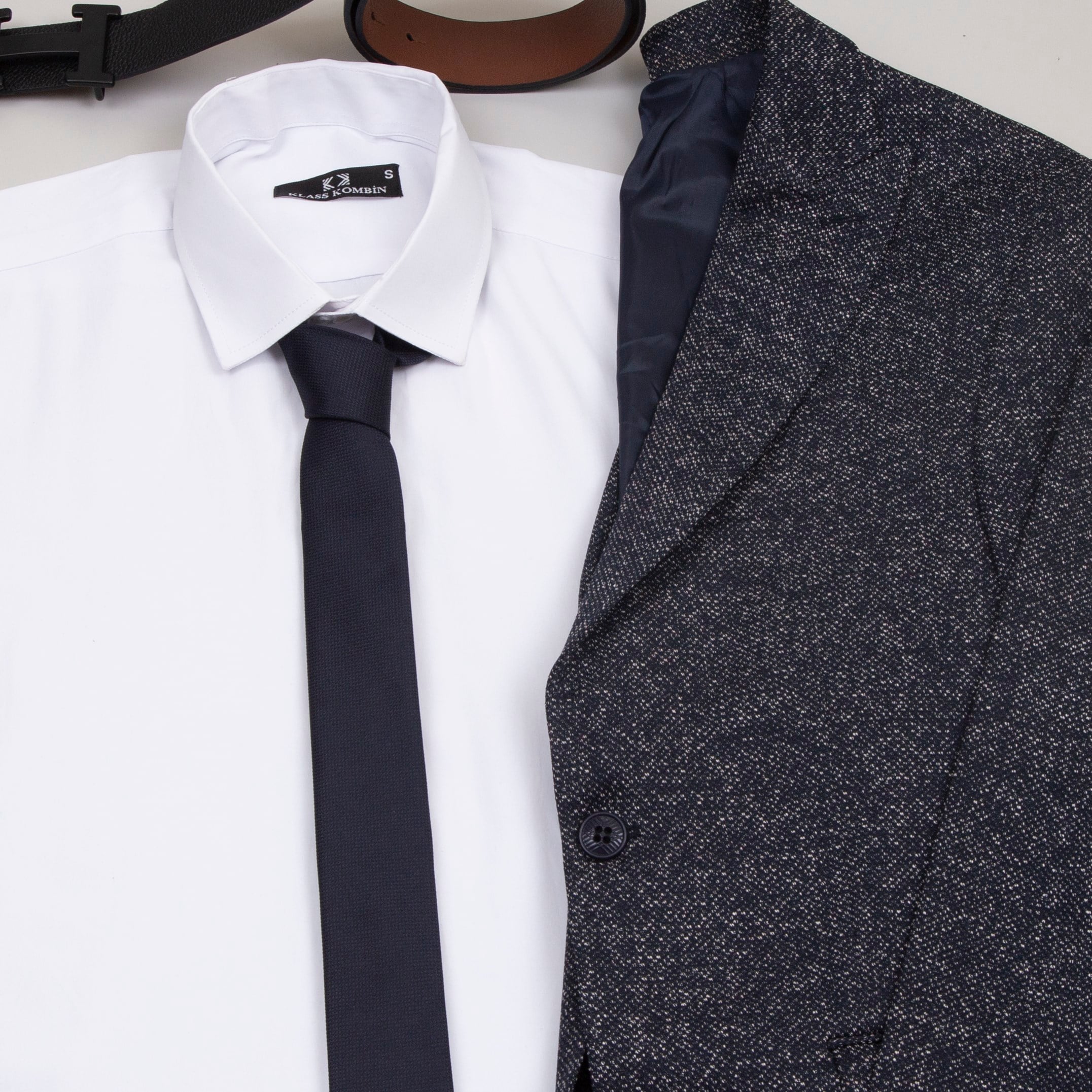 lacivert Kırçıllı  Blazer Ceket  Gömlek Lacivert Pantolon  Ayakkabı Kombinİ