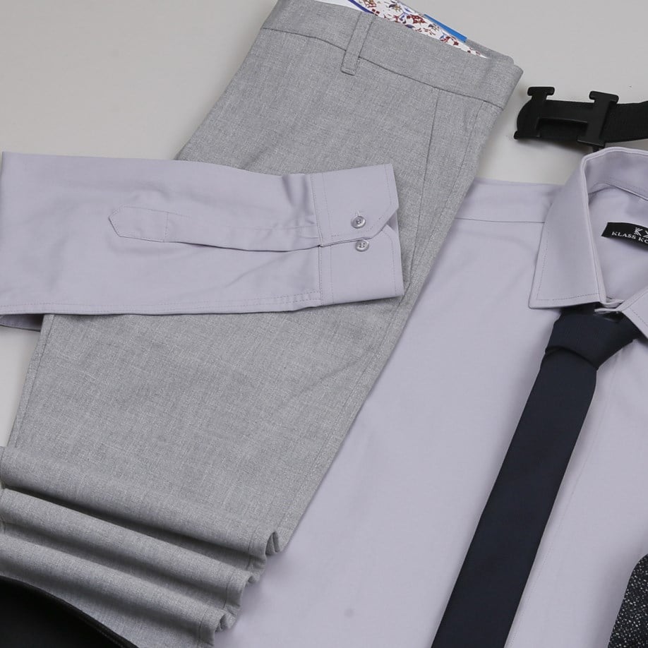 lacivert Kırçıllı  Blazer Ceket Gri Gömlek Gri Pantolon  Ayakkabı Kombinİ