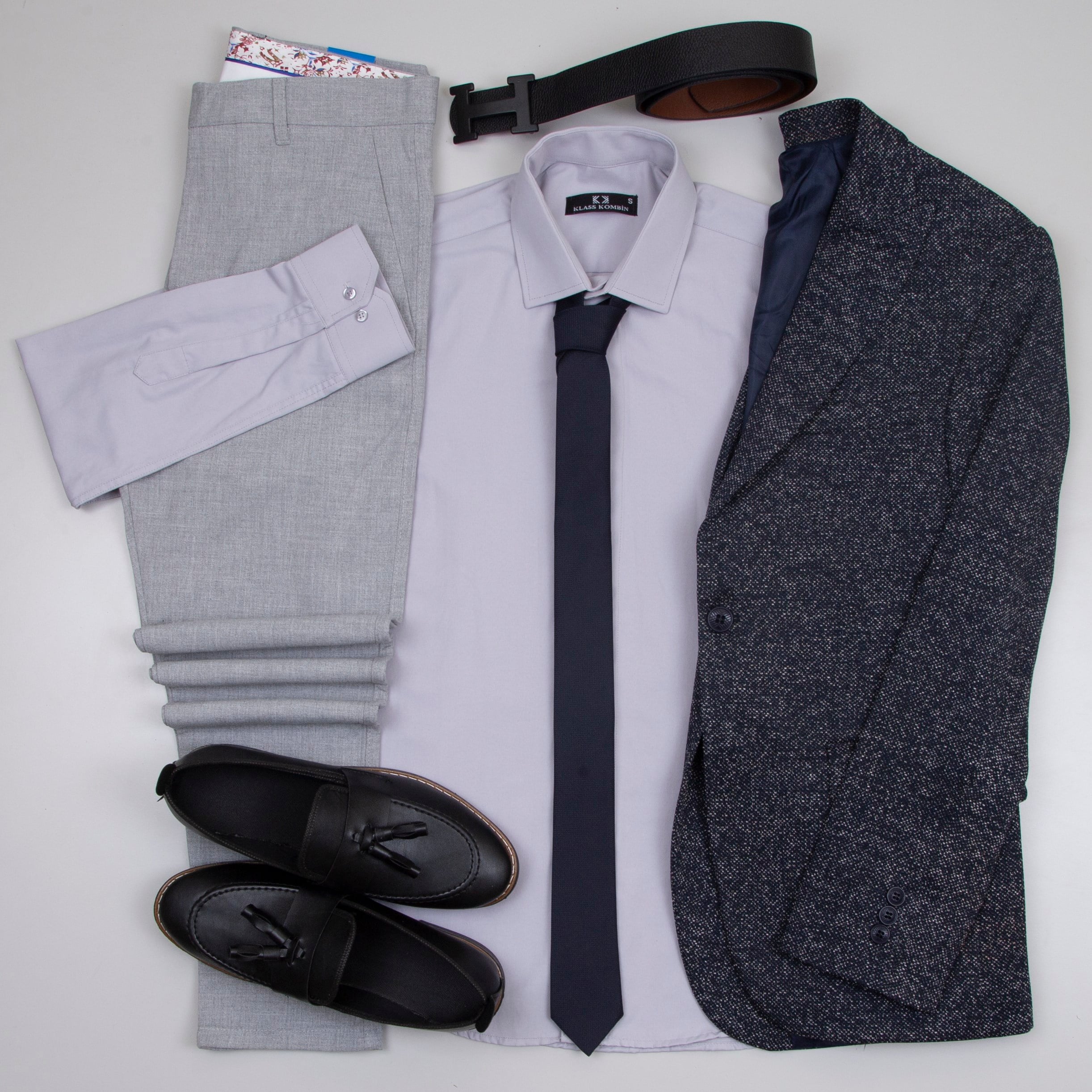 lacivert Kırçıllı  Blazer Ceket Gri Gömlek Gri Pantolon  Ayakkabı Kombinİ