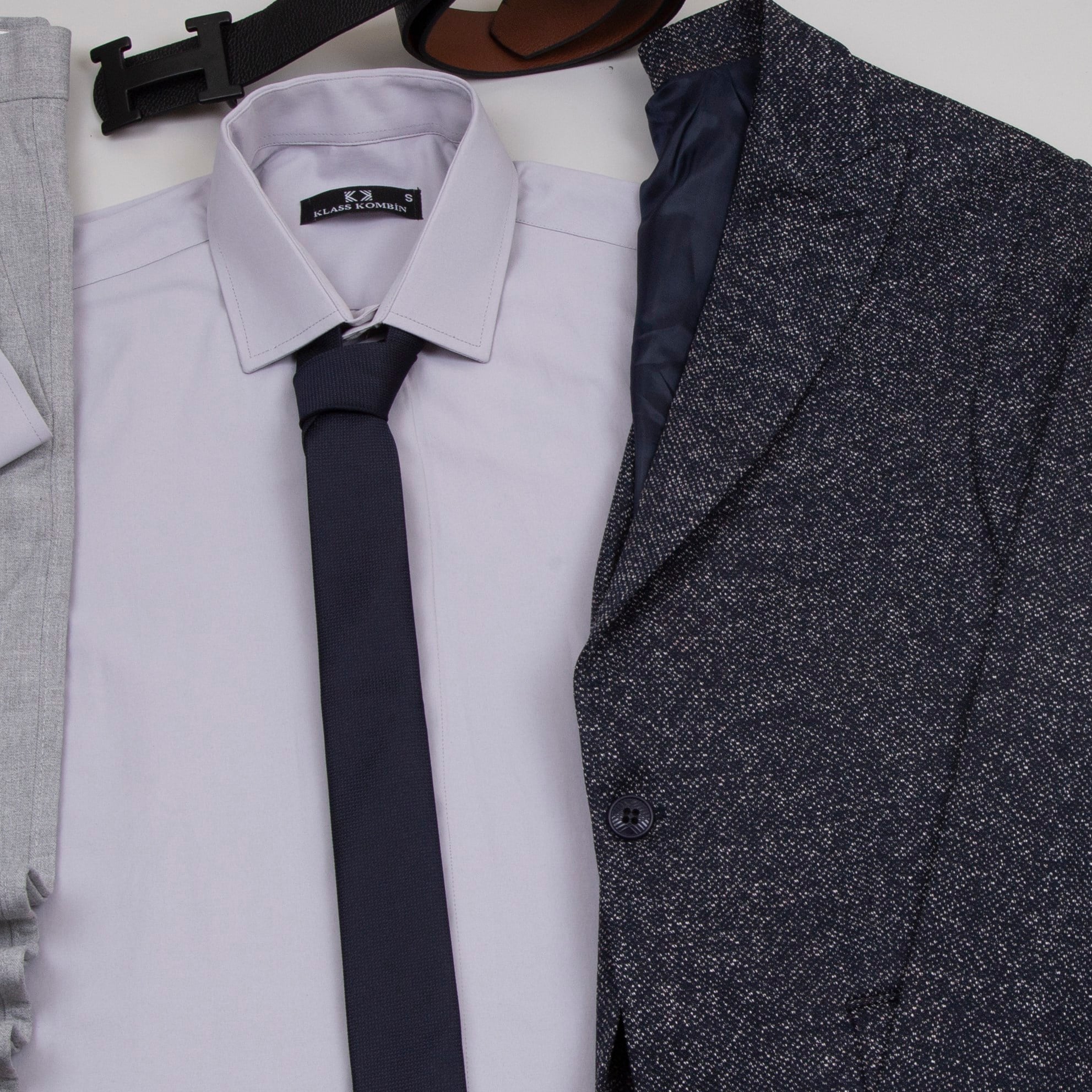 lacivert Kırçıllı  Blazer Ceket Gri Gömlek Gri Pantolon  Ayakkabı Kombinİ