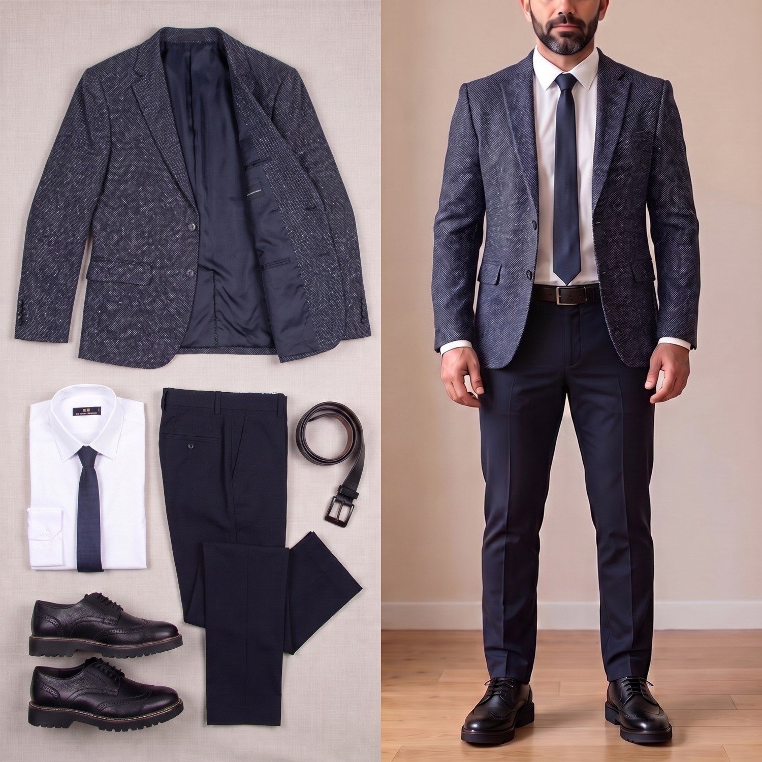 Lacivert Kırçıllı Blazer Ceket Kombini Erkek | Slim Fit Şık Komple Set