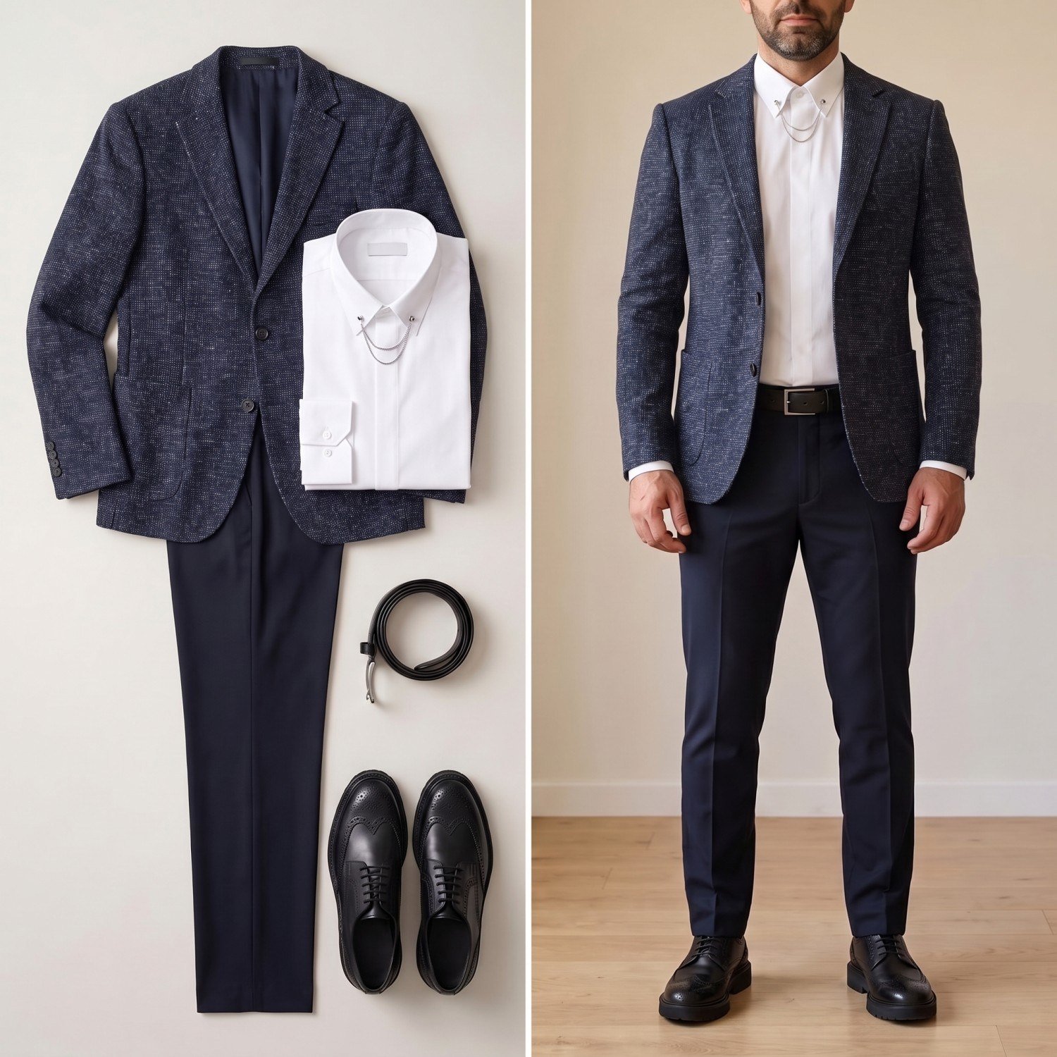 Lacivert Kırçıllı Blazer Ceket Kombini Erkek | Slim Fit Şık Komple Set 