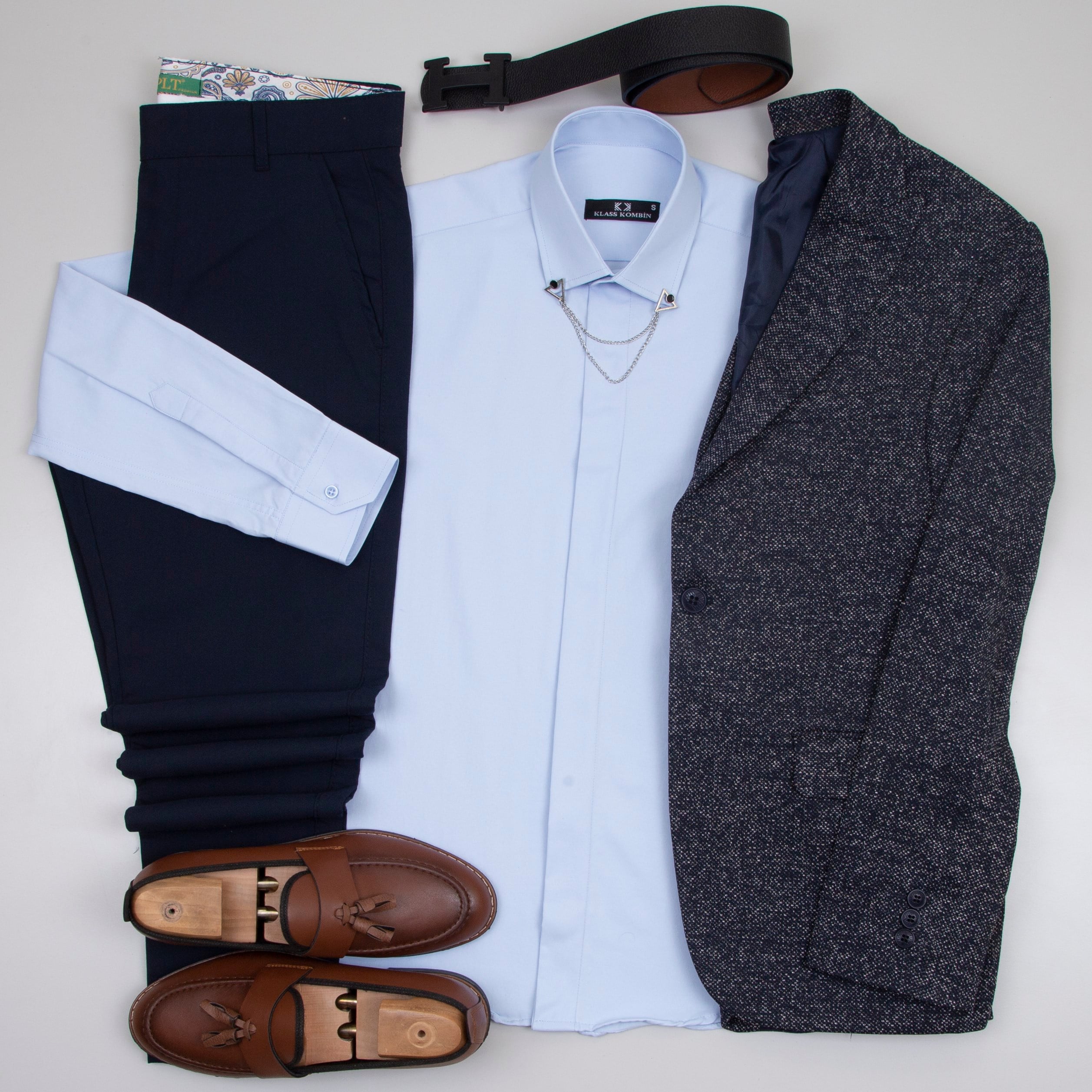 lacivert Kırçıllı  Blazer Ceket Mavi Gömlek Lacivert Pantolon  Ayakkabı Kombinİ