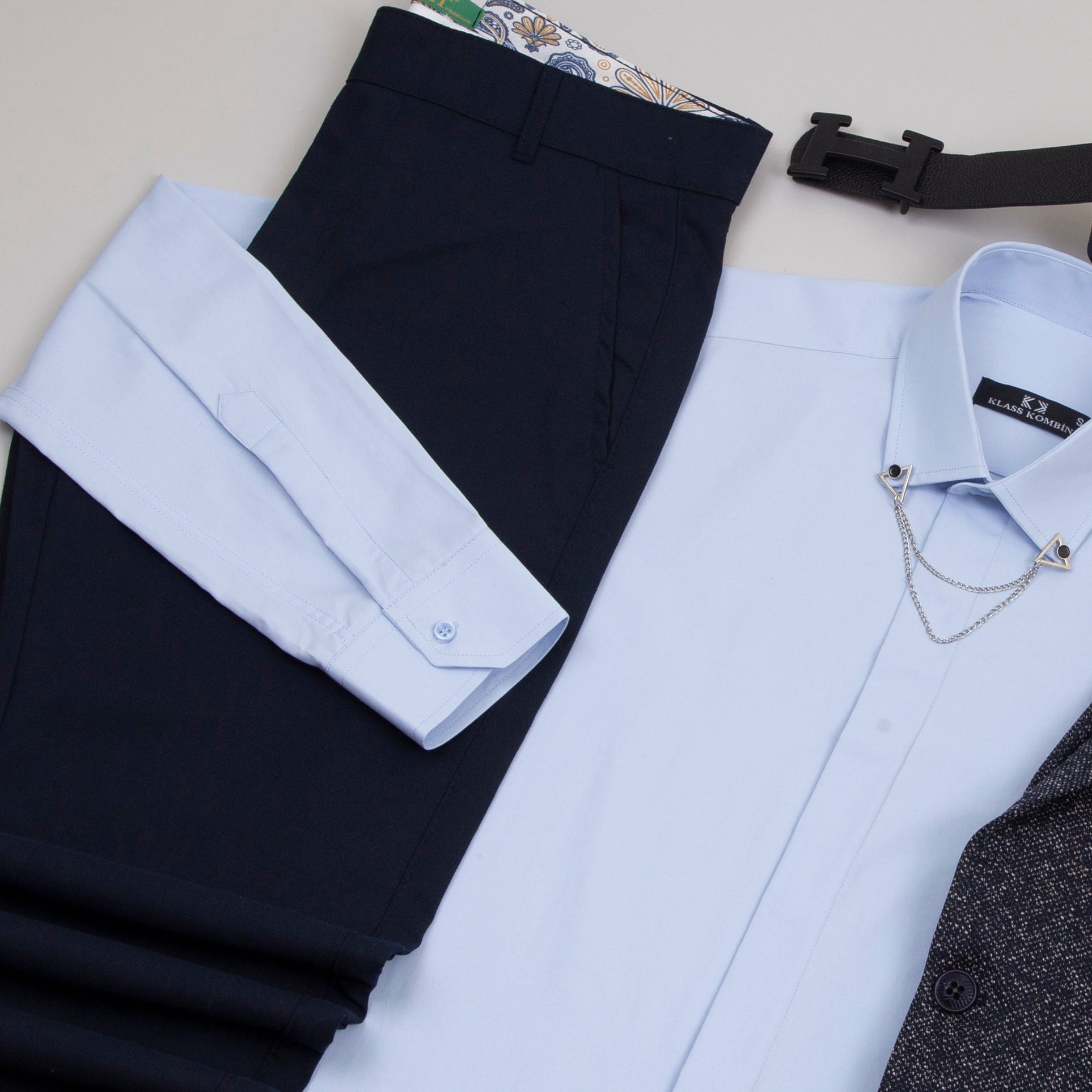 lacivert Kırçıllı  Blazer Ceket Mavi Gömlek Lacivert Pantolon  Ayakkabı Kombinİ