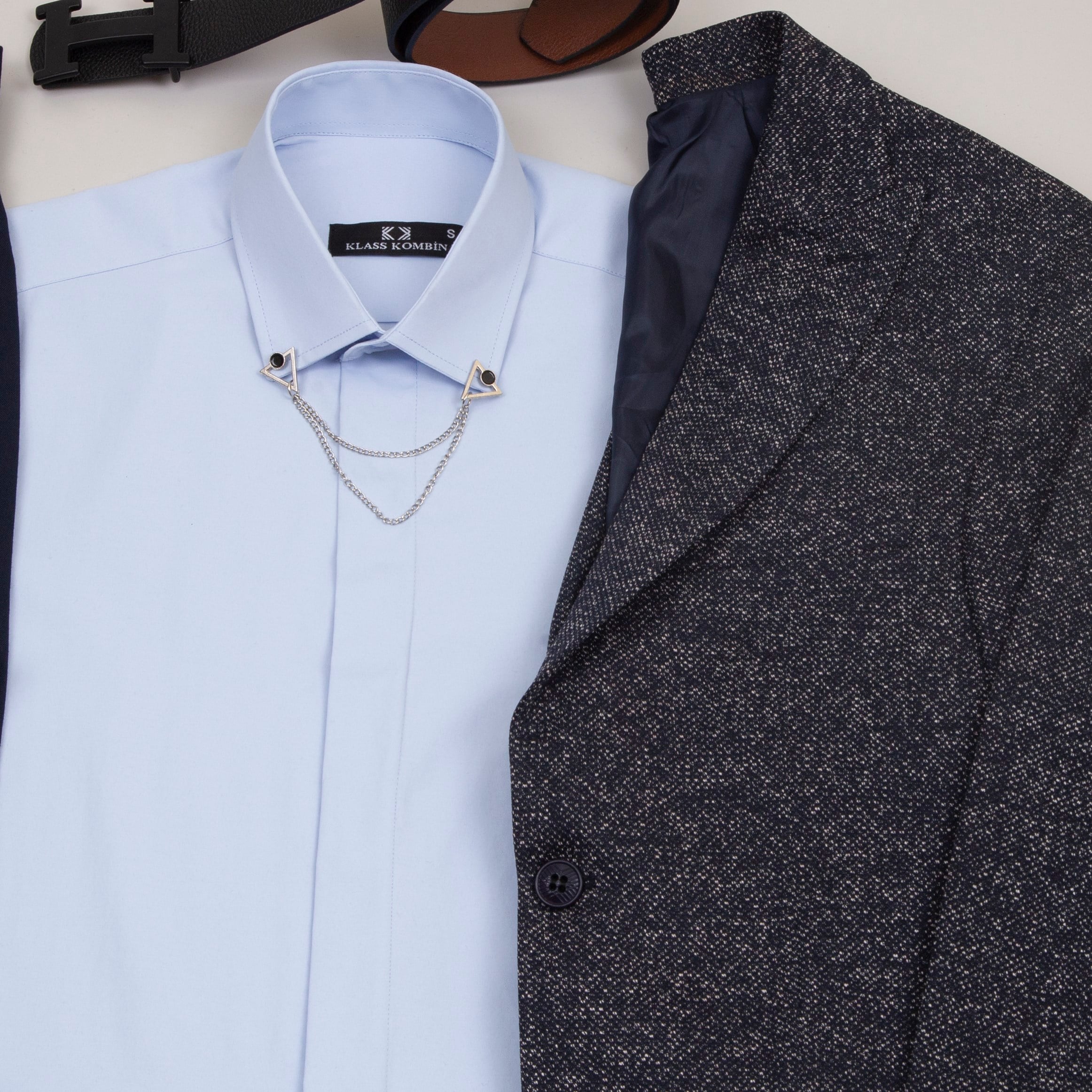 lacivert Kırçıllı  Blazer Ceket Mavi Gömlek Lacivert Pantolon  Ayakkabı Kombinİ