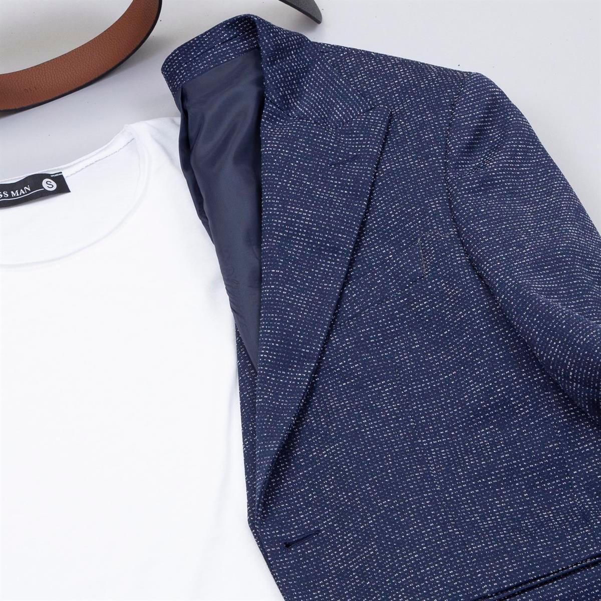 Lacivert Kırçıllı Blazer Ceket Tişört Pantolon Ayakkabı Kombin