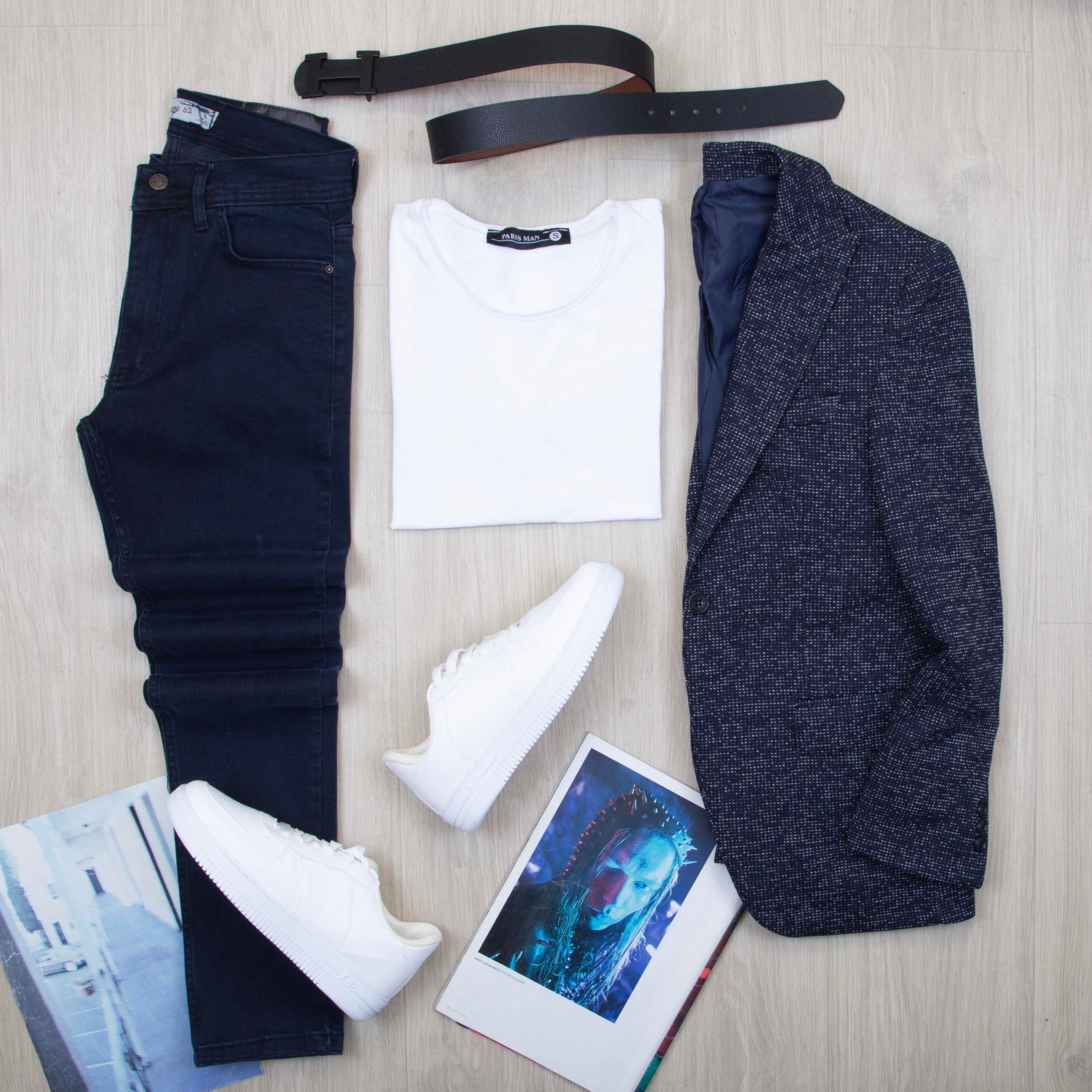 Lacivert Kırçıllı Blazer Ceket Tişört Pantolon Ayakkabı Kombin