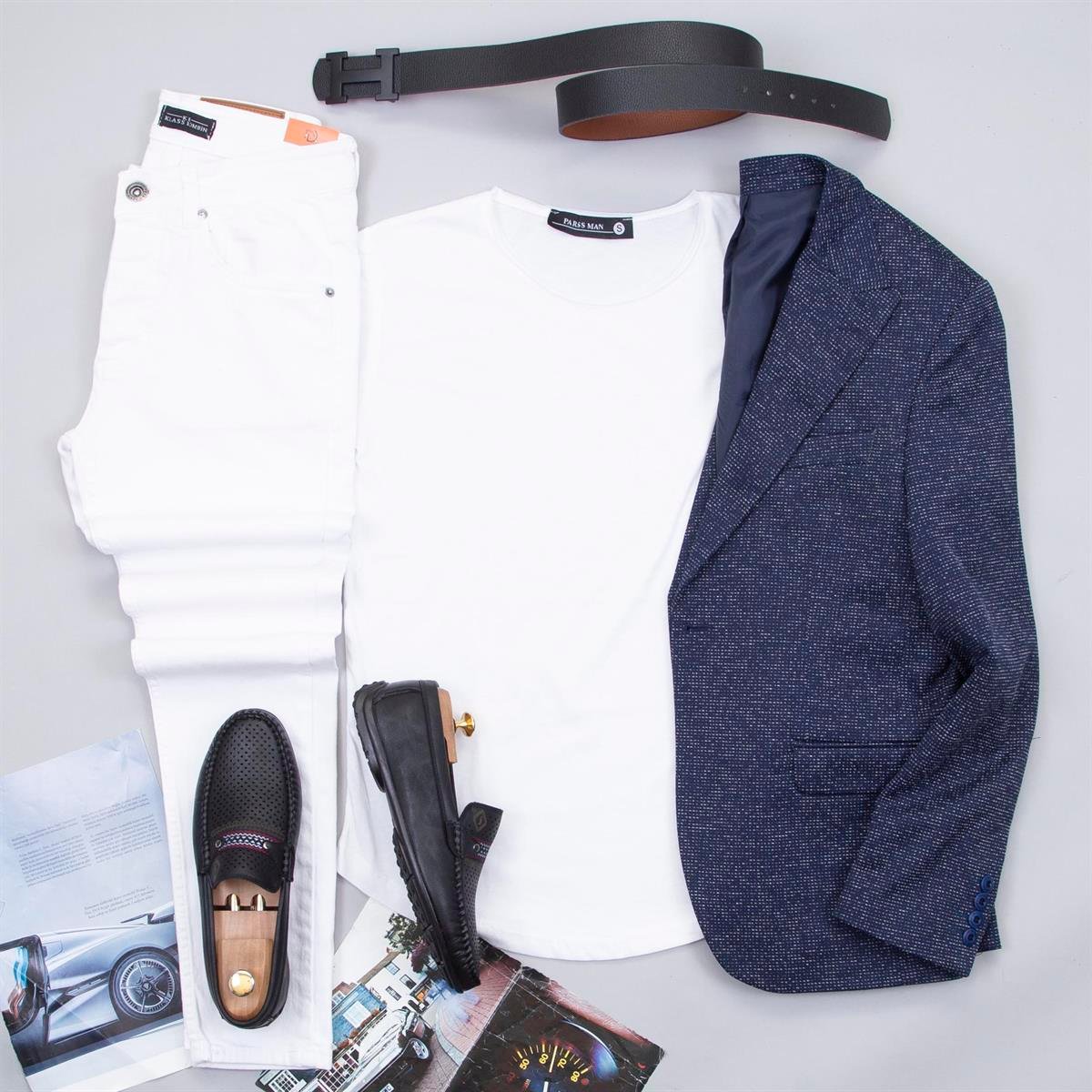 Lacivert Kırçıllı Blazer Ceket Tişört Pantolon Ayakkabı Kombin