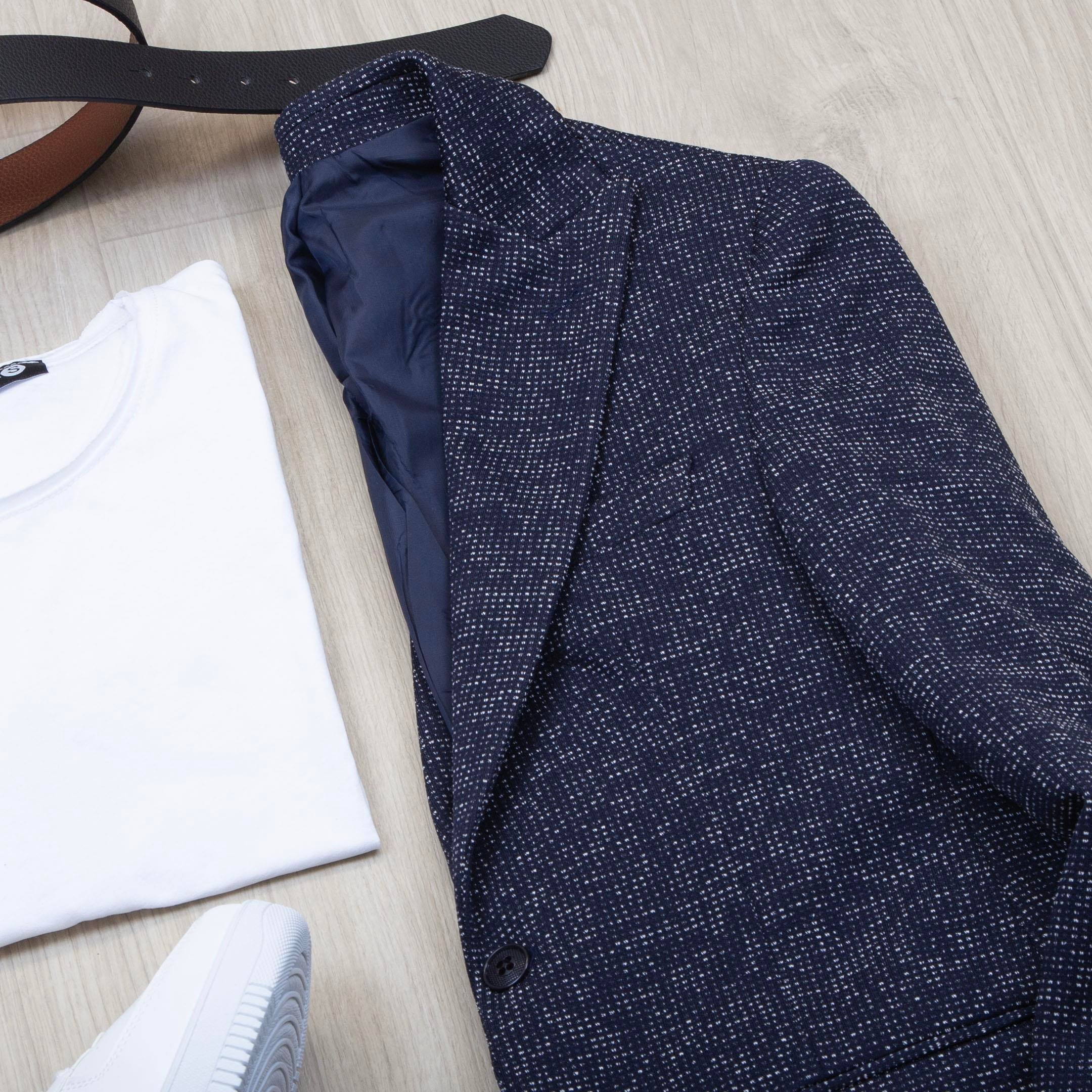 Lacivert Kırçıllı Blazer Ceket Tişört Pantolon Ayakkabı Kombin