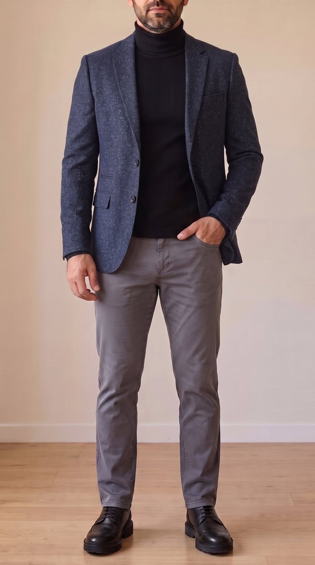 Lacivert Kırçıllı Blazer Siyah Boğazlı Body Gri Kot Pantolon Siyah Çiftyüz Ayakkabı Kombini