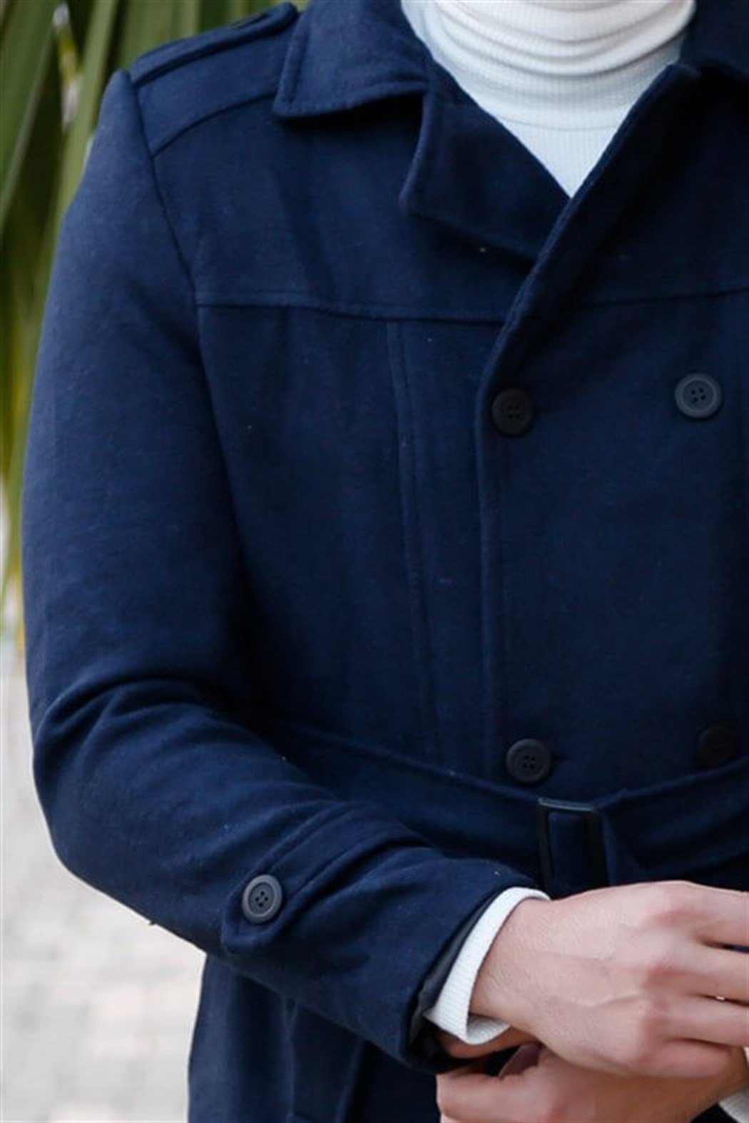 Lacivert Kısa Kemerli Kaşe Kaban 