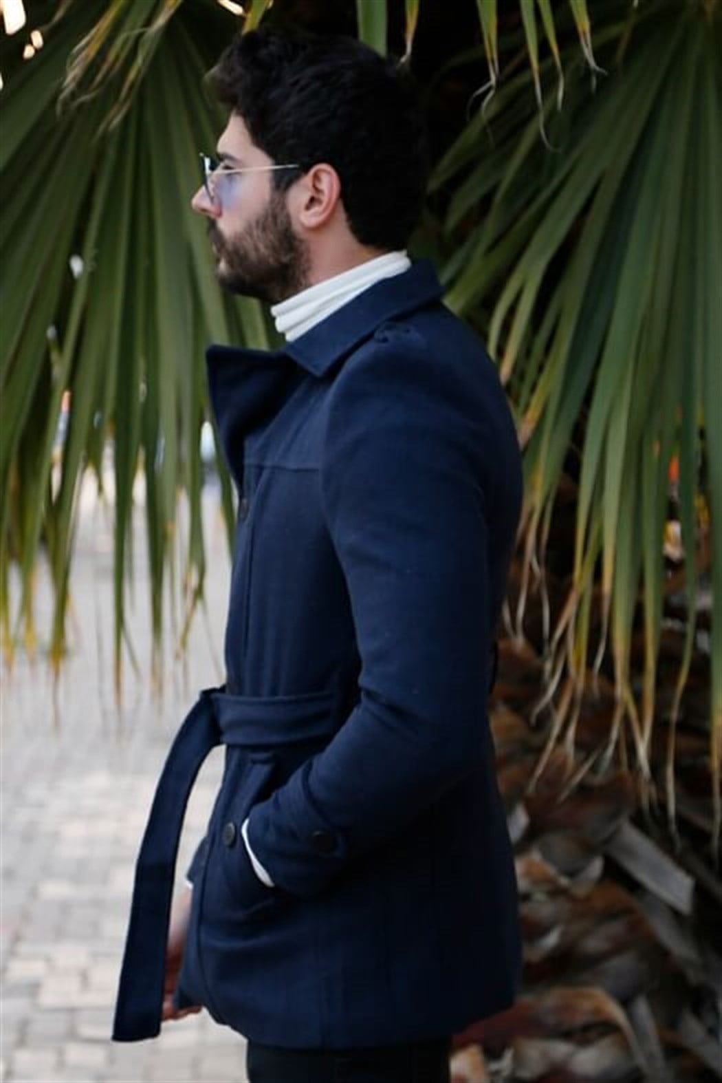 Lacivert Kısa Kemerli Kaşe Kaban 