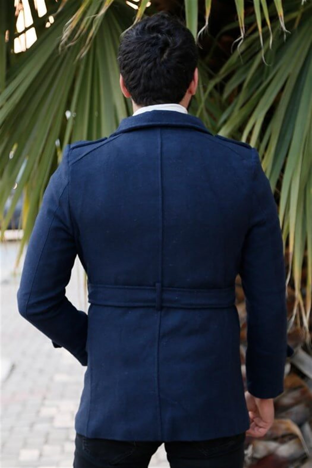 Lacivert Kısa Kemerli Kaşe Kaban 