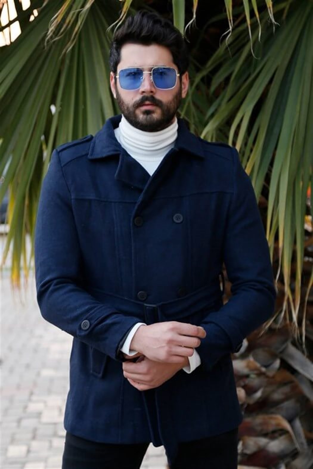 Lacivert Kısa Kemerli Kaşe Kaban 