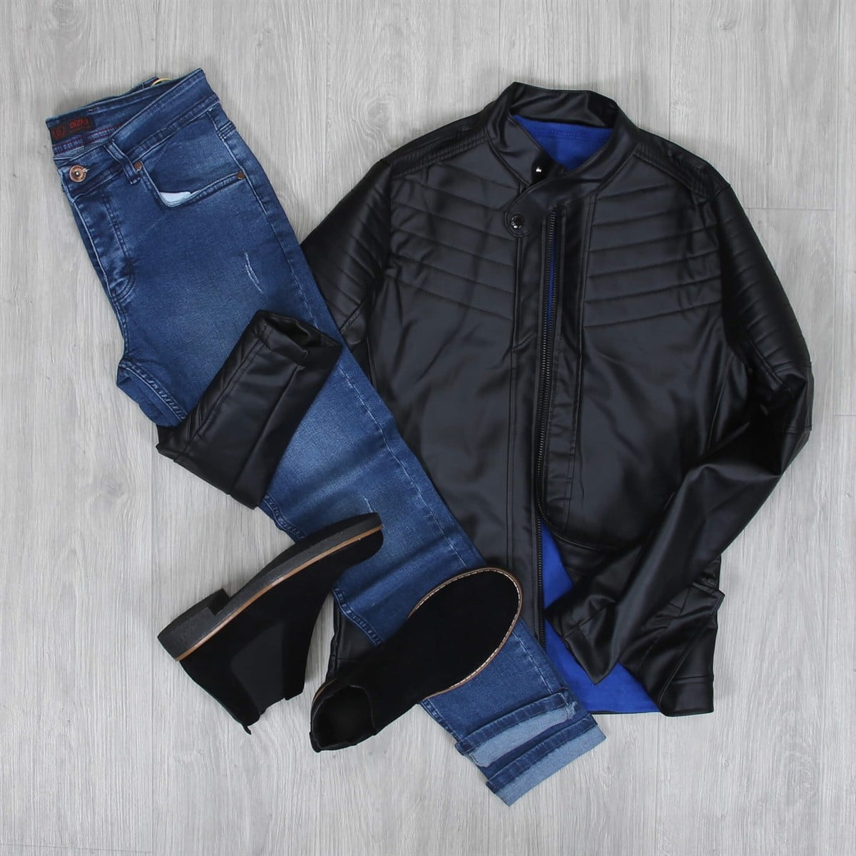 Lacivert Kot Mavi Kazak Deri Ceket Bot  Kombini