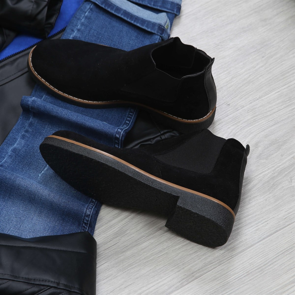 Lacivert Kot Mavi Kazak Deri Ceket Bot  Kombini