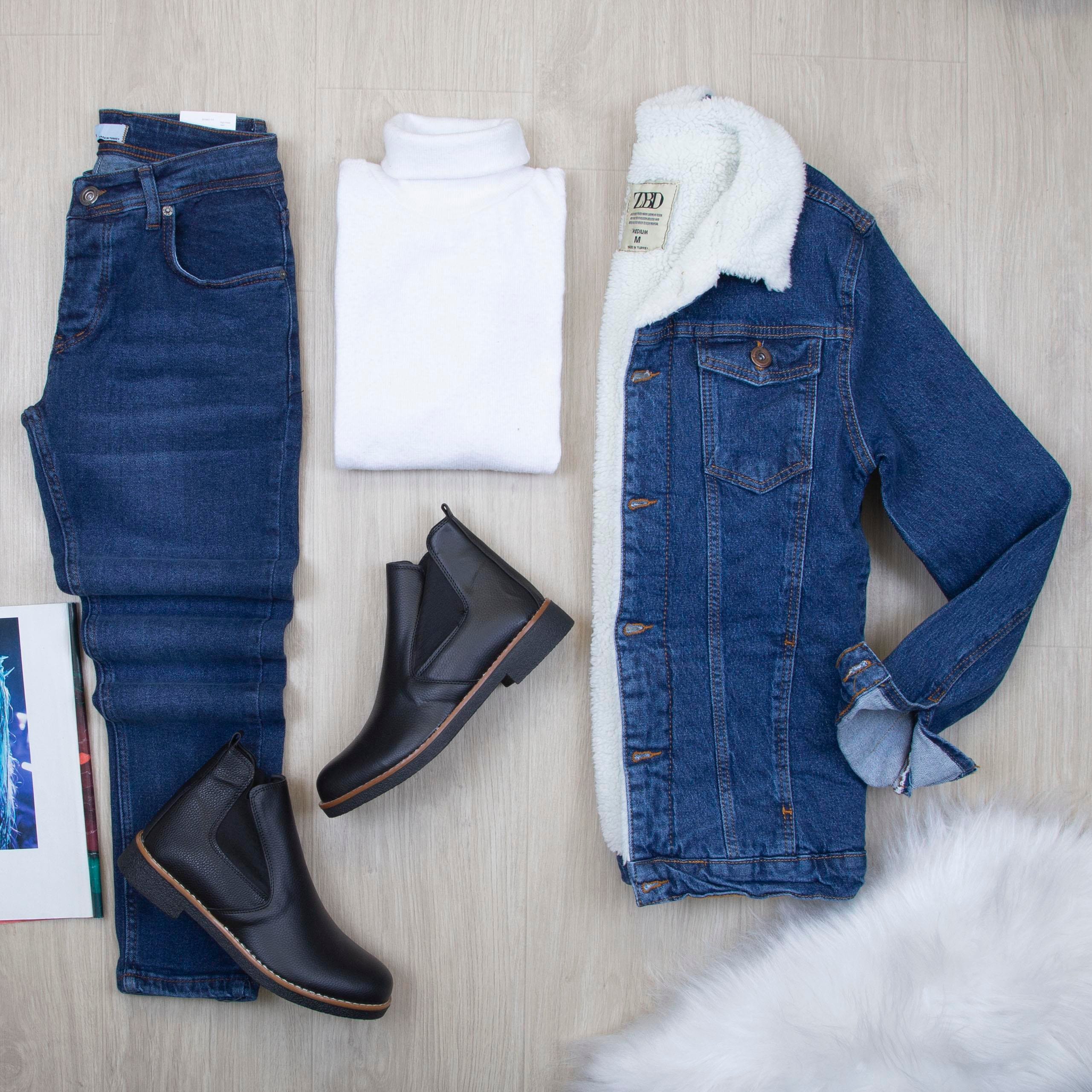 Lacivert Kürklü Kot Ceket Boğazlı Body Pantolon Bot Kombin