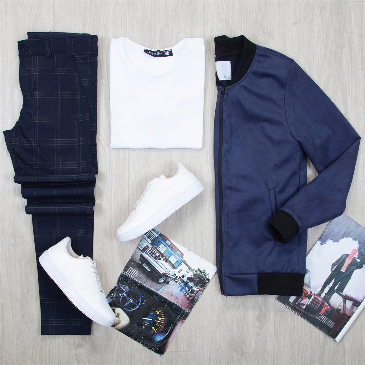 Lacivert Nubuk Ceket Tişört Pantolon Ayakkabı Kombin