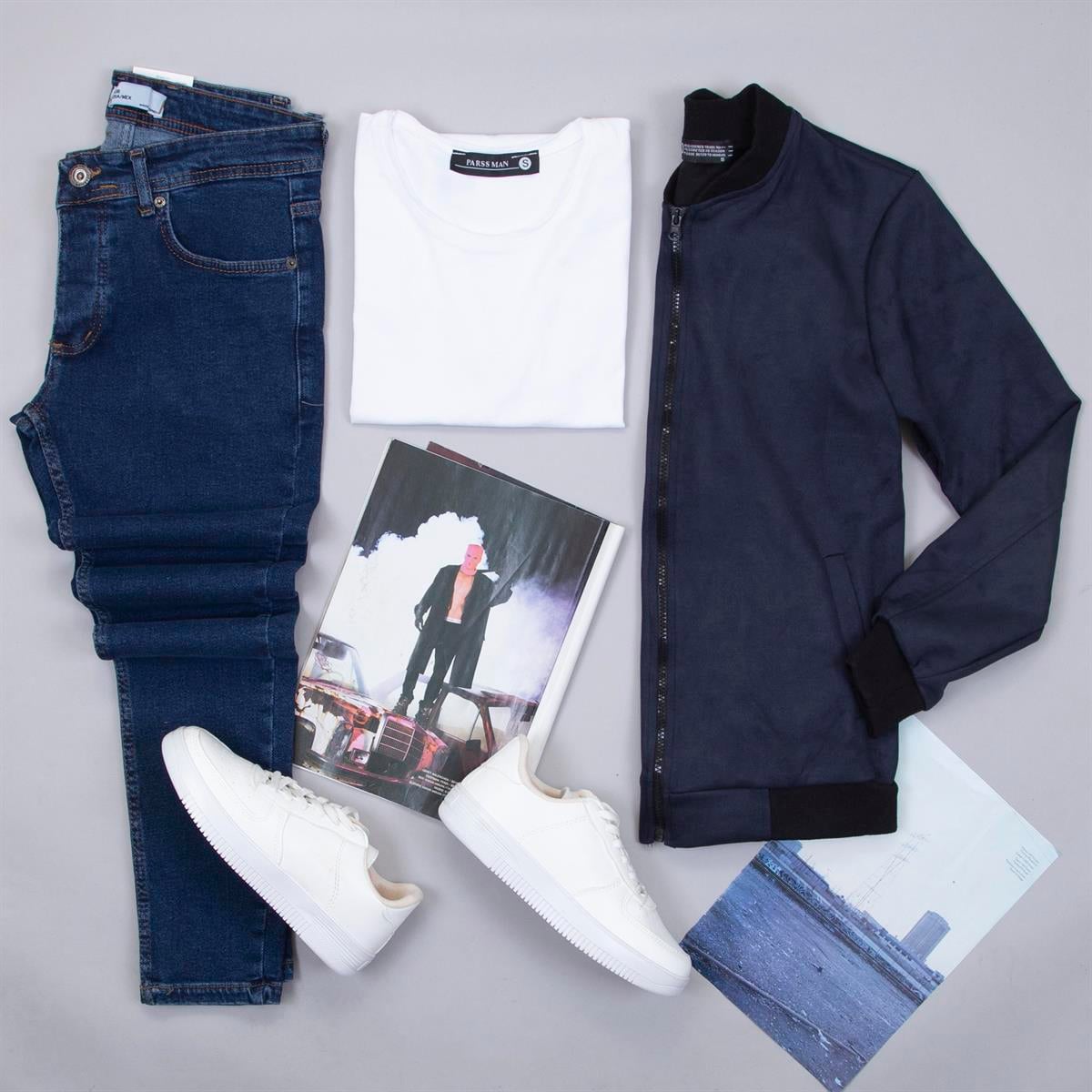 Lacivert Nubuk Ceket Tişört Pantolon Ayakkabı Kombin